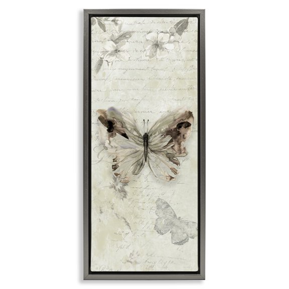 Stupell Industries Timeless Butterflies with Cursive Animals & Insects Painting Gray Floater Framed Canvas Art Print Wall Art, 15 x 31
