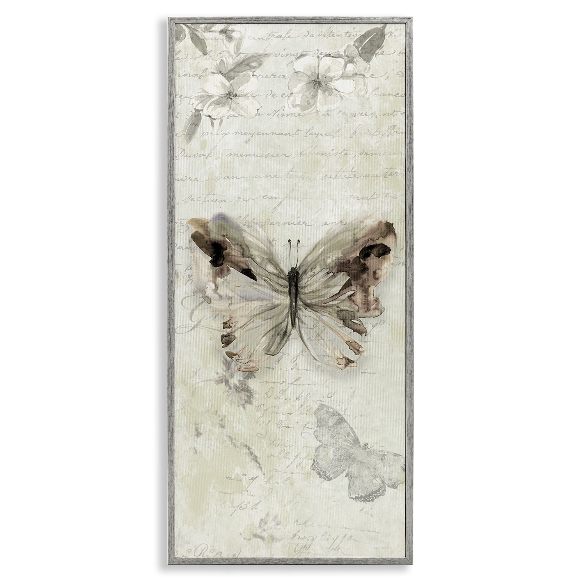 Stupell Industries Timeless Butterflies with Cursive Animals & Insects Painting Gray Framed Art Print Wall Art, 13 x 30