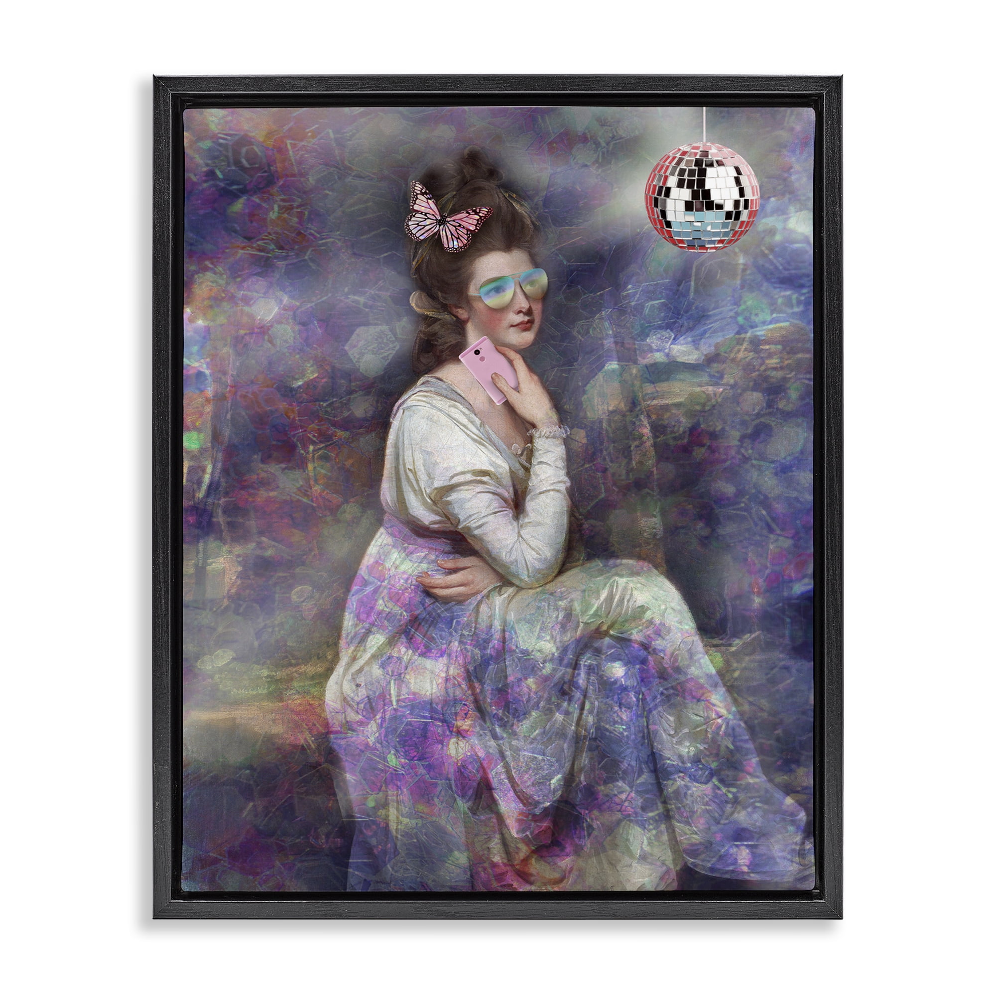 Stupell Industries Timeless Woman with Disco Ball Novelty & Humor Painting Black Floater Framed Canvas Art Print Wall Art, 17 x 21