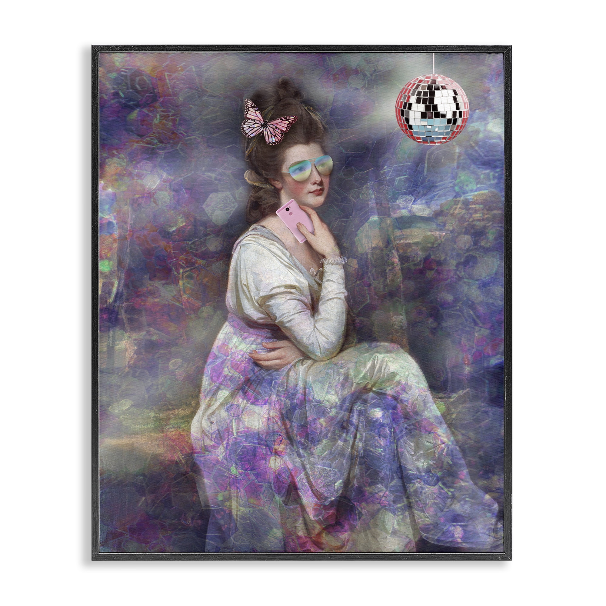 Stupell Industries Timeless Woman with Disco Ball Novelty & Humor Painting Black Framed Art Print Wall Art, 16 x 20