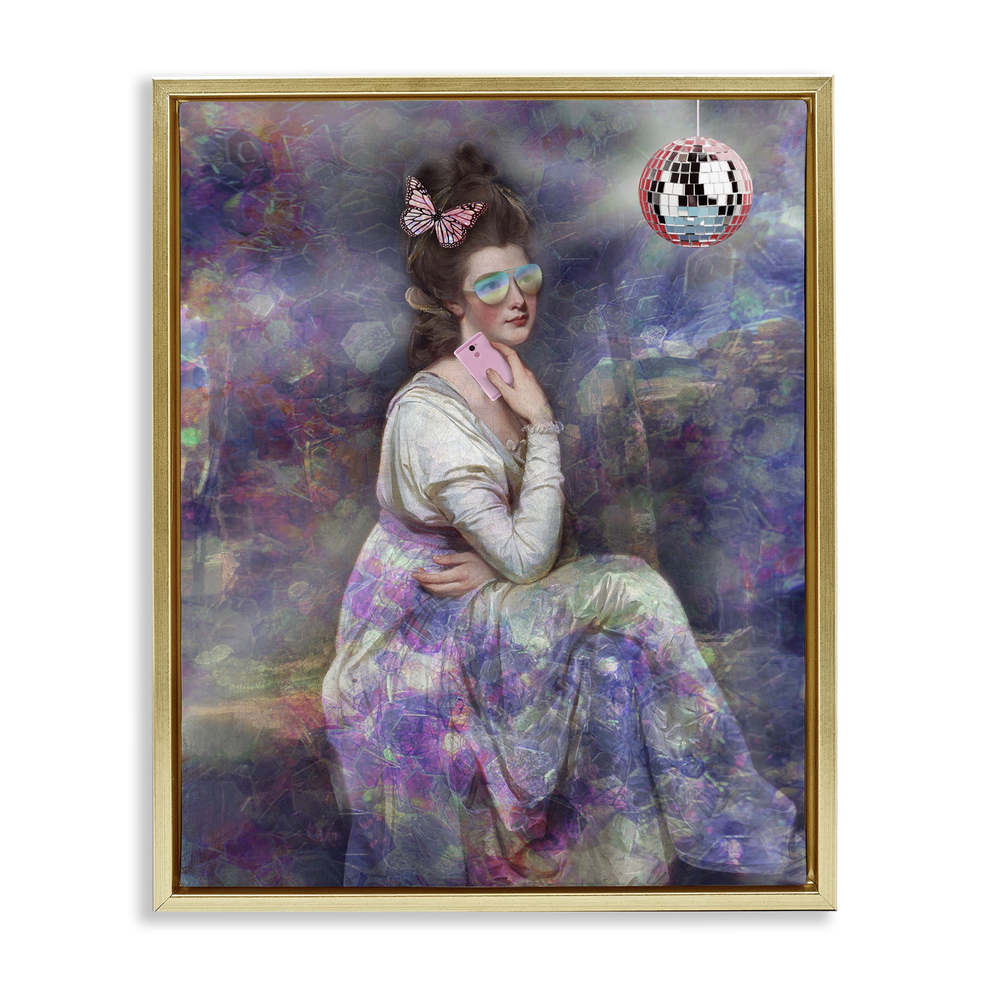 Stupell Industries Timeless Woman with Disco Ball Novelty & Humor Painting Gold Floater Framed Canvas Art Print Wall Art, 25 x 31
