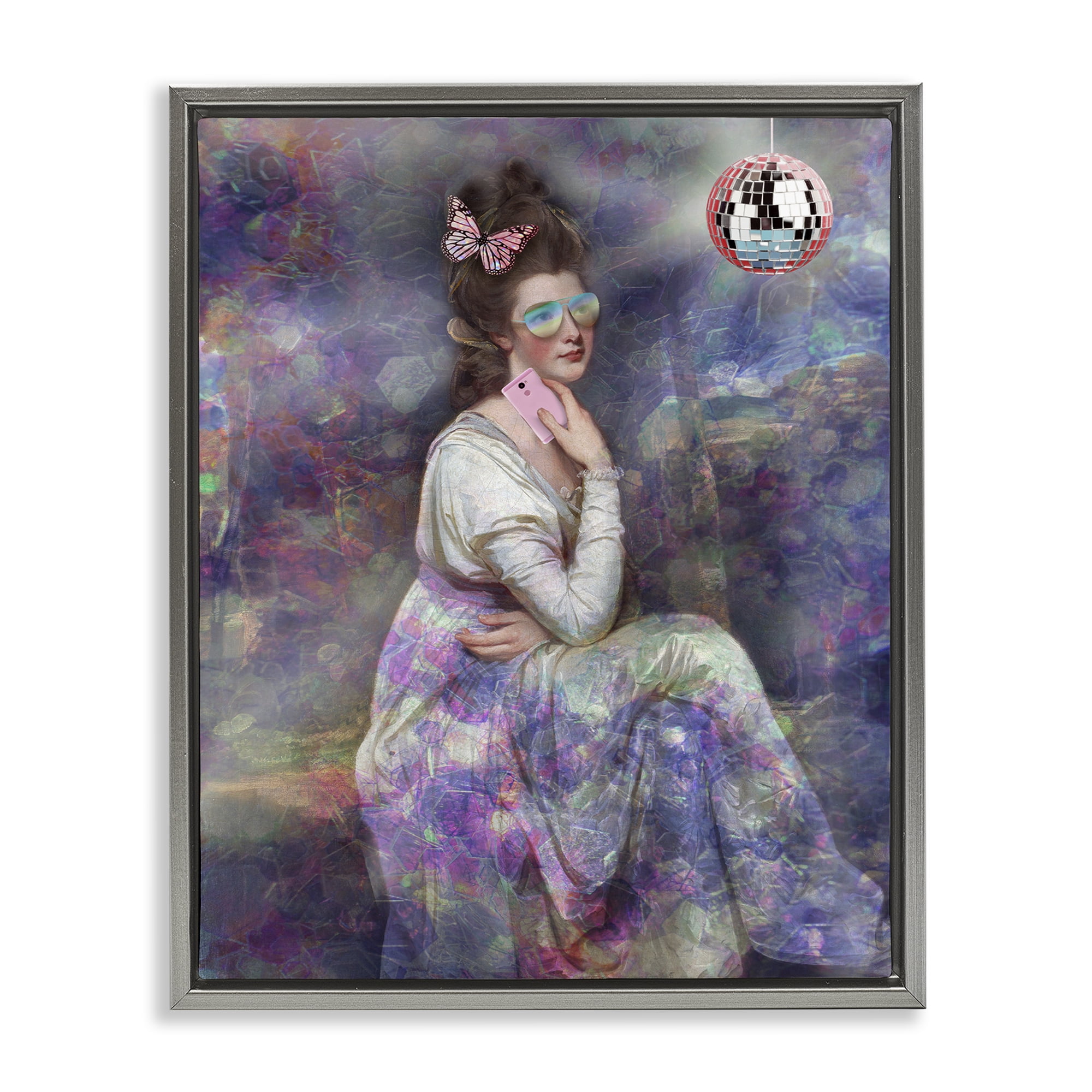 Stupell Industries Timeless Woman with Disco Ball Novelty & Humor Painting Gray Floater Framed Canvas Art Print Wall Art, 17 x 21