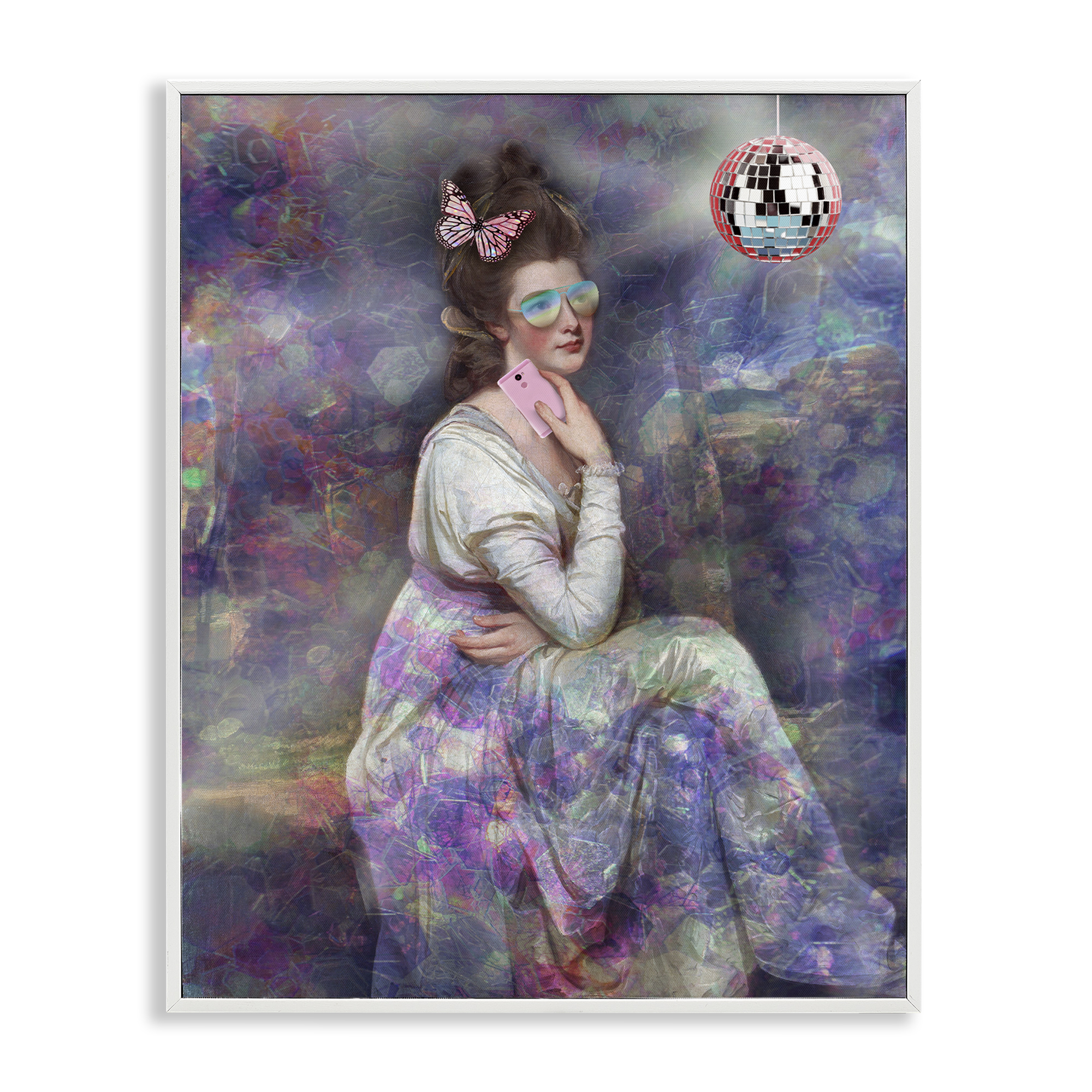 Stupell Industries Timeless Woman with Disco Ball Novelty & Humor Painting White Framed Art Print Wall Art, 24 x 30