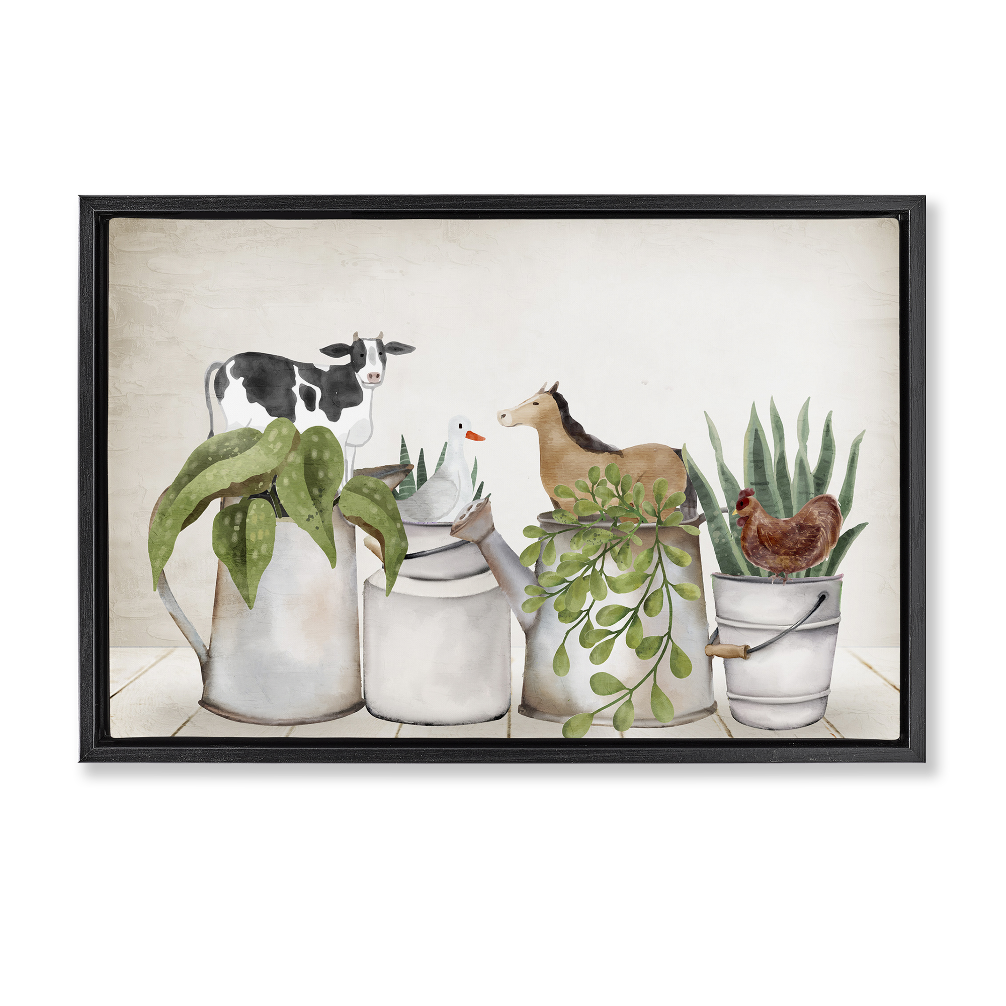 Stupell Industries Tin Farm Animal Plants Botanical & Floral Painting Black Floater Framed Canvas Art Print Wall Art, 31 x 21