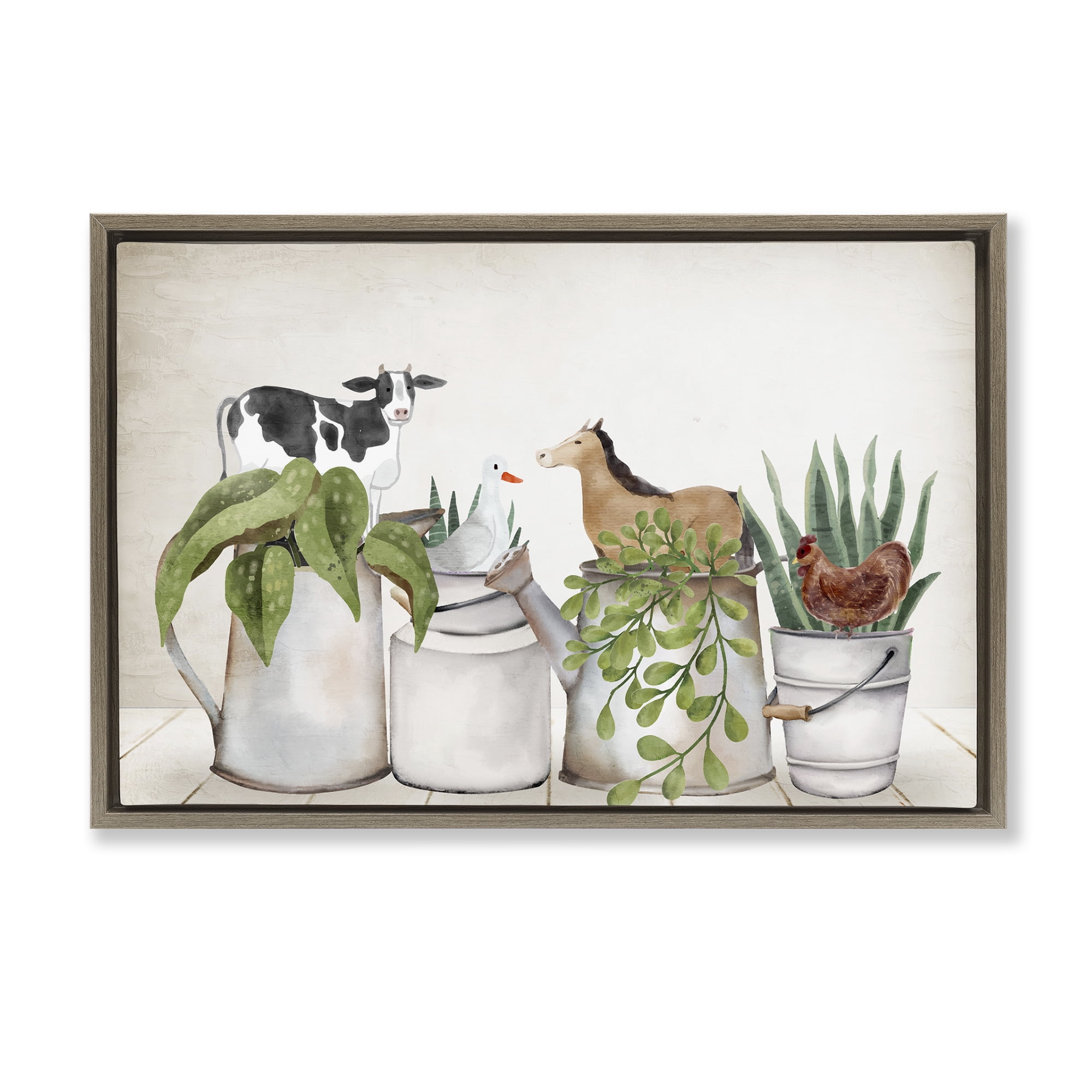 Stupell Industries Tin Farm Animal Plants Botanical & Floral Painting Brown Floater Framed Canvas Art Print Wall Art, 31 x 21