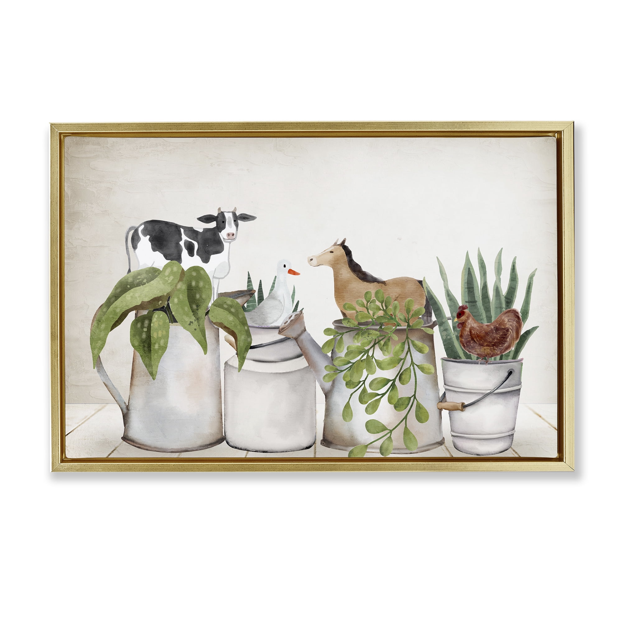 Stupell Industries Tin Farm Animal Plants Botanical & Floral Painting Gold Floater Framed Canvas Art Print Wall Art, 25 x 17