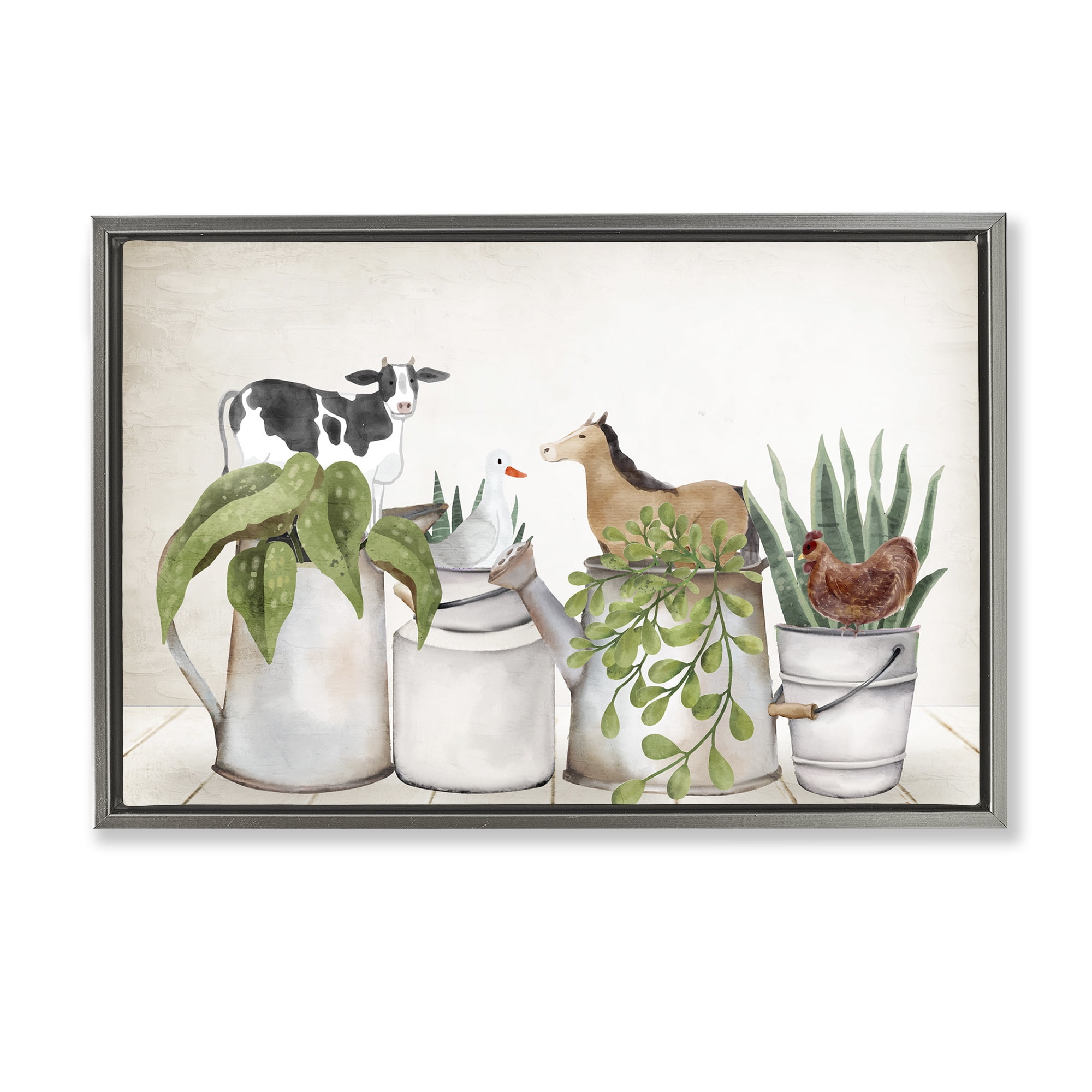 Stupell Industries Tin Farm Animal Plants Botanical & Floral Painting Gray Floater Framed Canvas Art Print Wall Art, 25 x 17