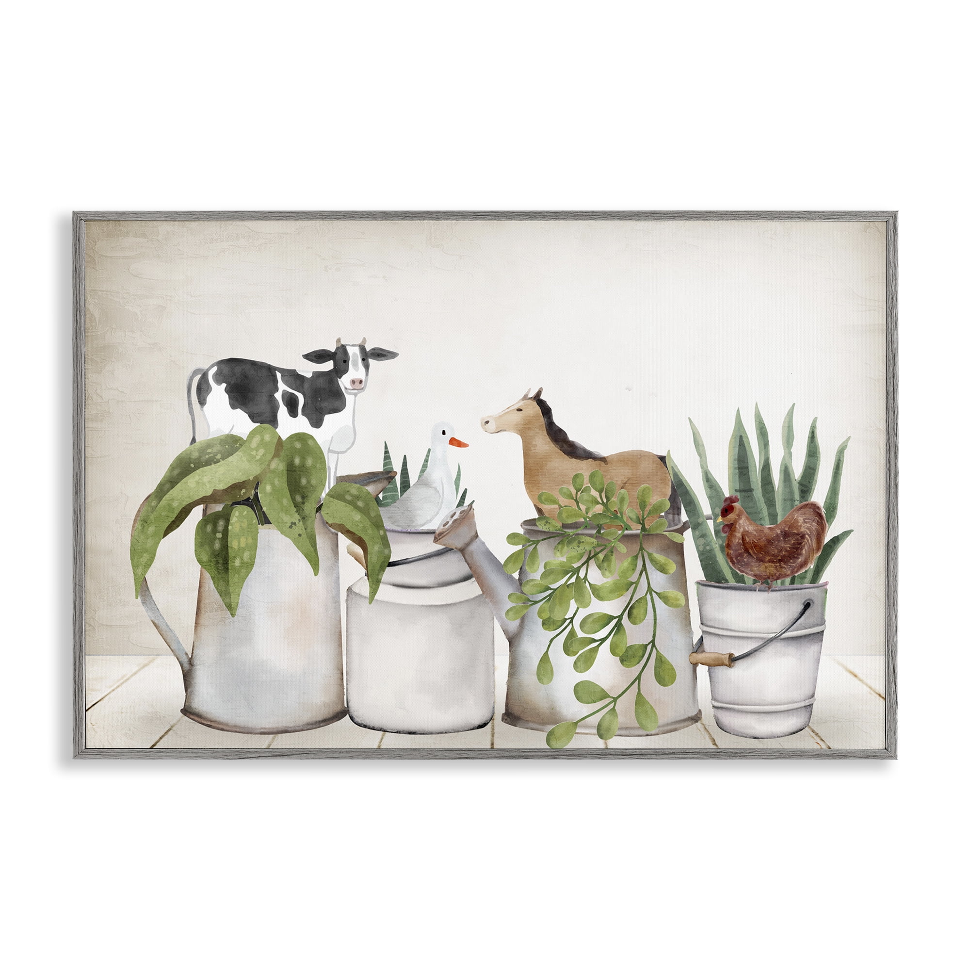 Stupell Industries Tin Farm Animal Plants Botanical & Floral Painting Gray Framed Art Print Wall Art, 30 x 20