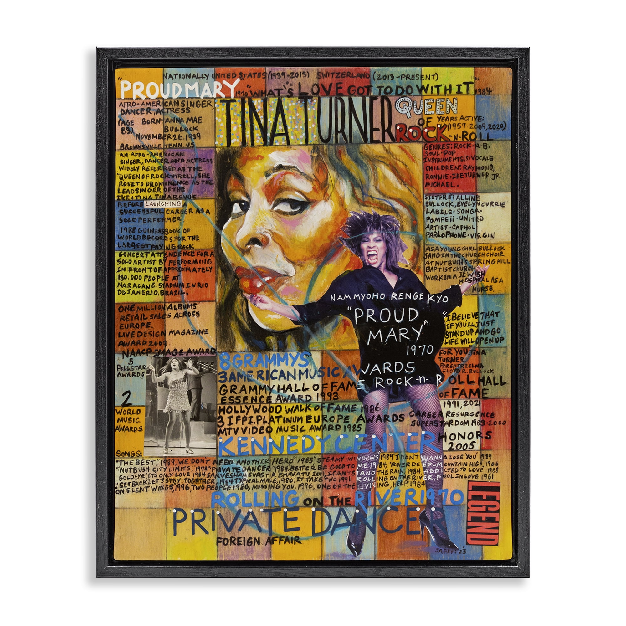 Stupell Industries Tina Turner Collage People Drawing Black Floater Framed Canvas Art Print Wall Art, 17 x 21