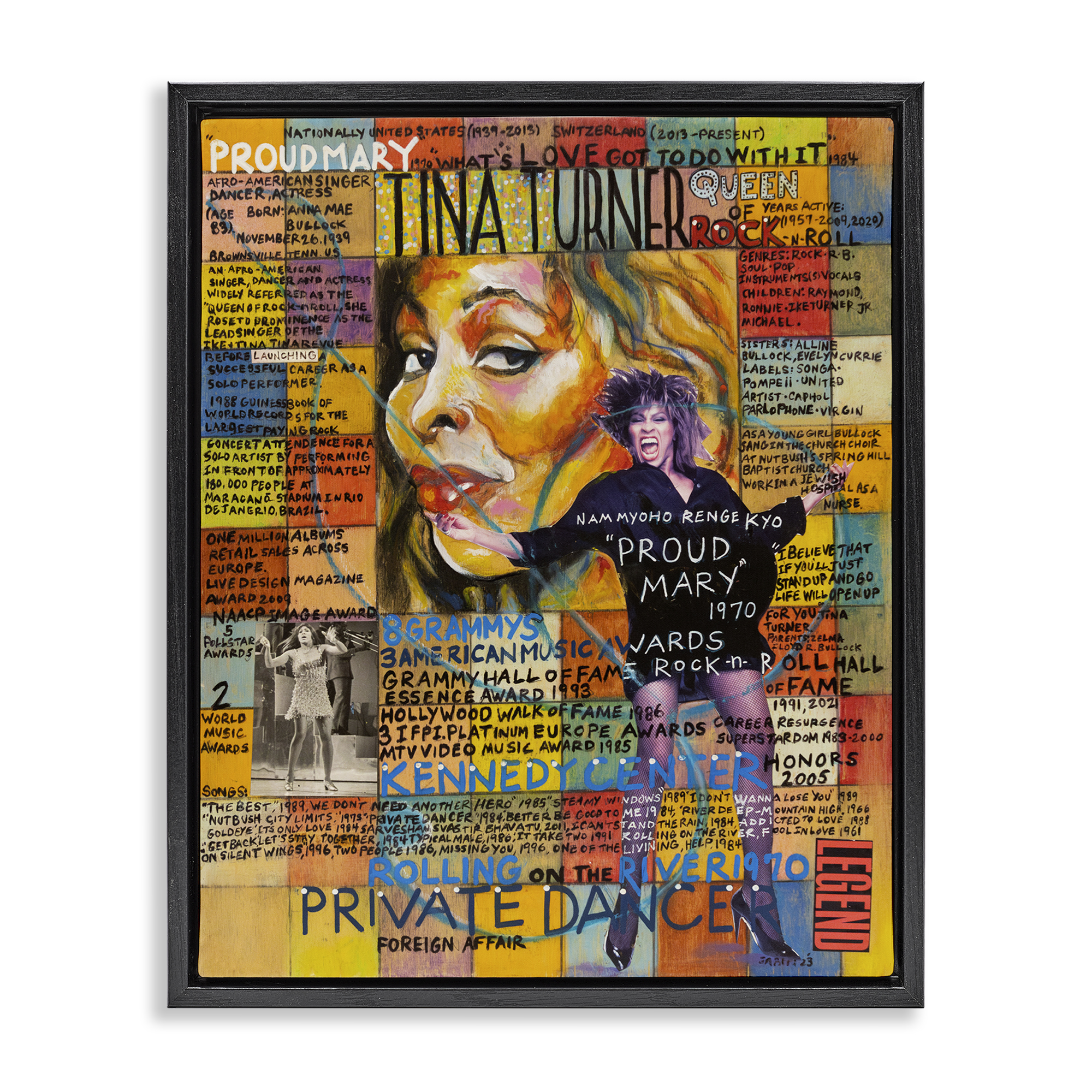 Stupell Industries Tina Turner Collage People Drawing Black Floater Framed Canvas Art Print Wall Art, 25 x 31