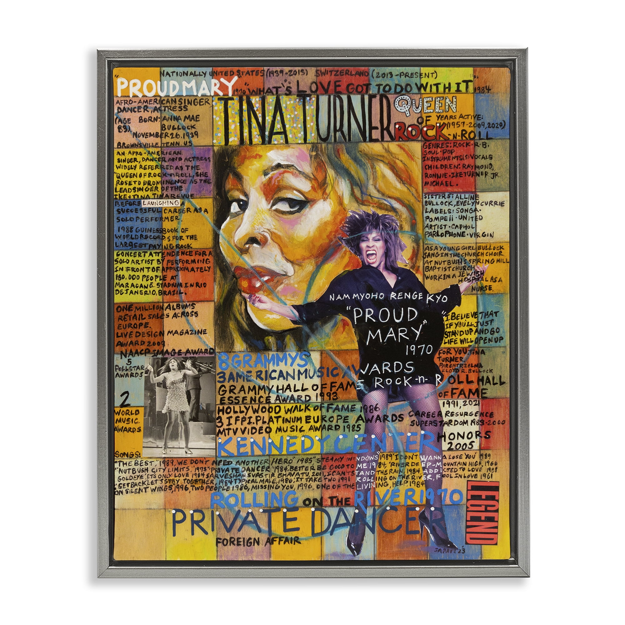 Stupell Industries Tina Turner Collage People Drawing Gray Floater Framed Canvas Art Print Wall Art, 25 x 31