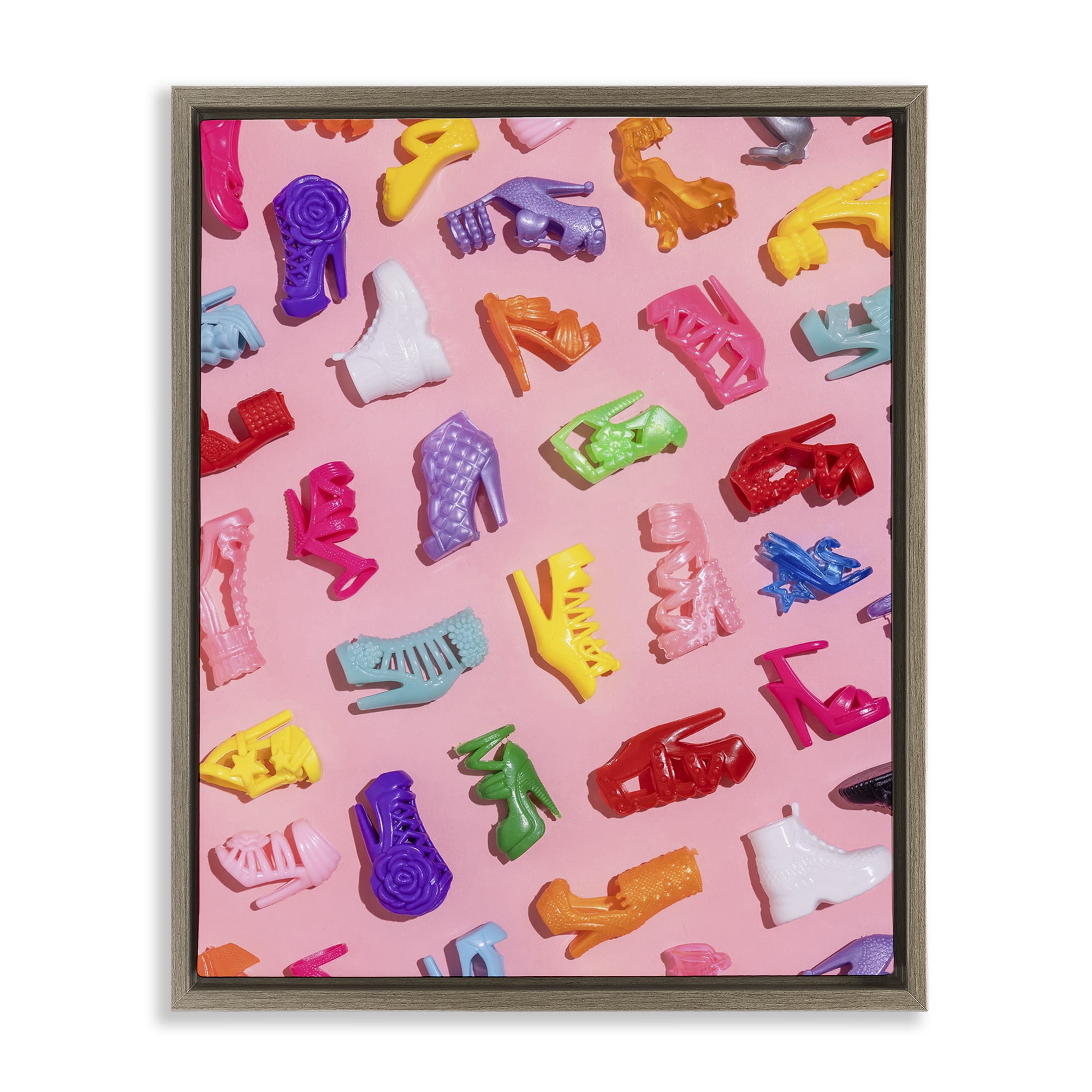 Stupell Industries Tiny Colorful Doll Shoes Brown Framed Floater Canvas Wall Art, design by LISH Creative