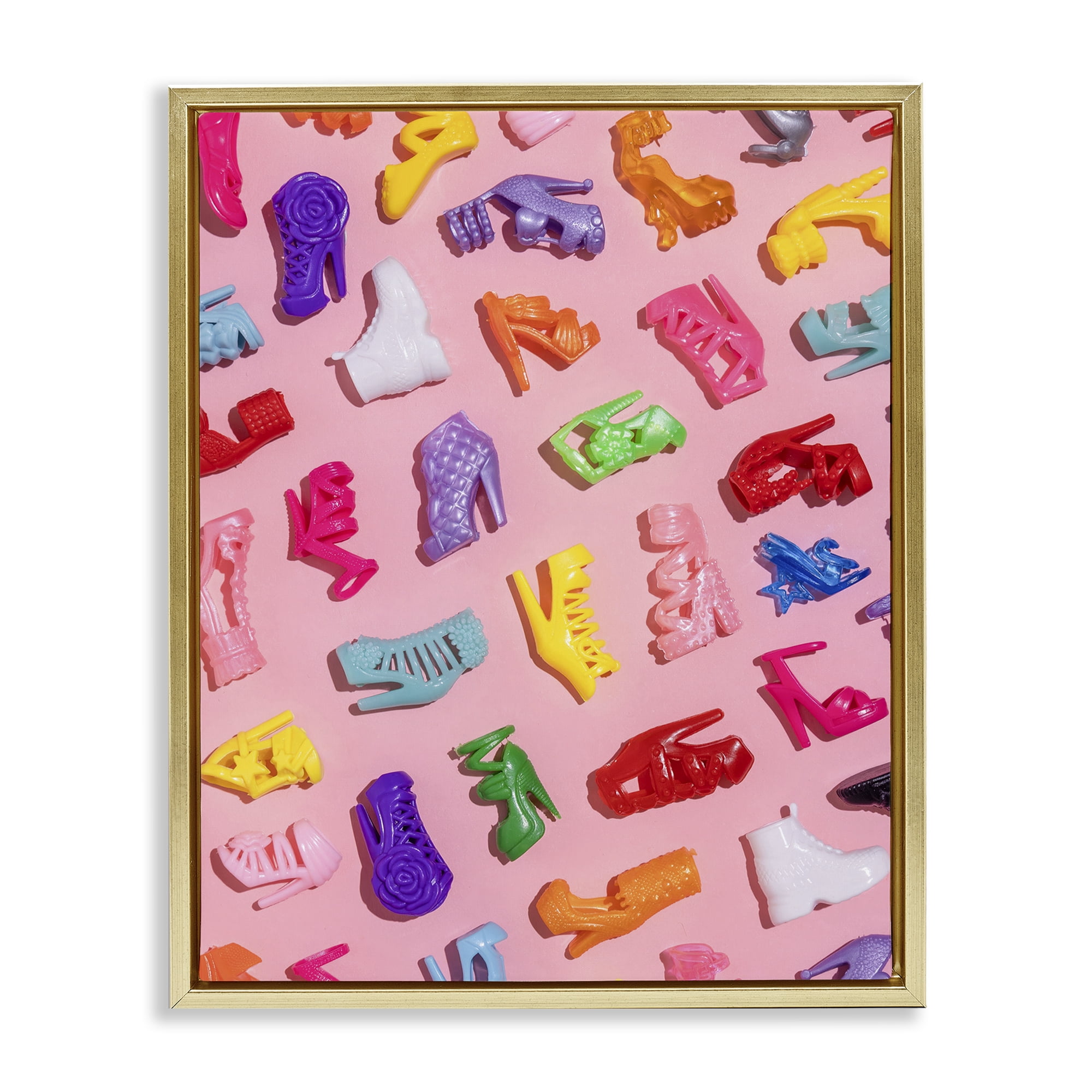 Stupell Industries Tiny Colorful Doll Shoes Gold Framed Floater Canvas Wall Art, design by LISH Creative