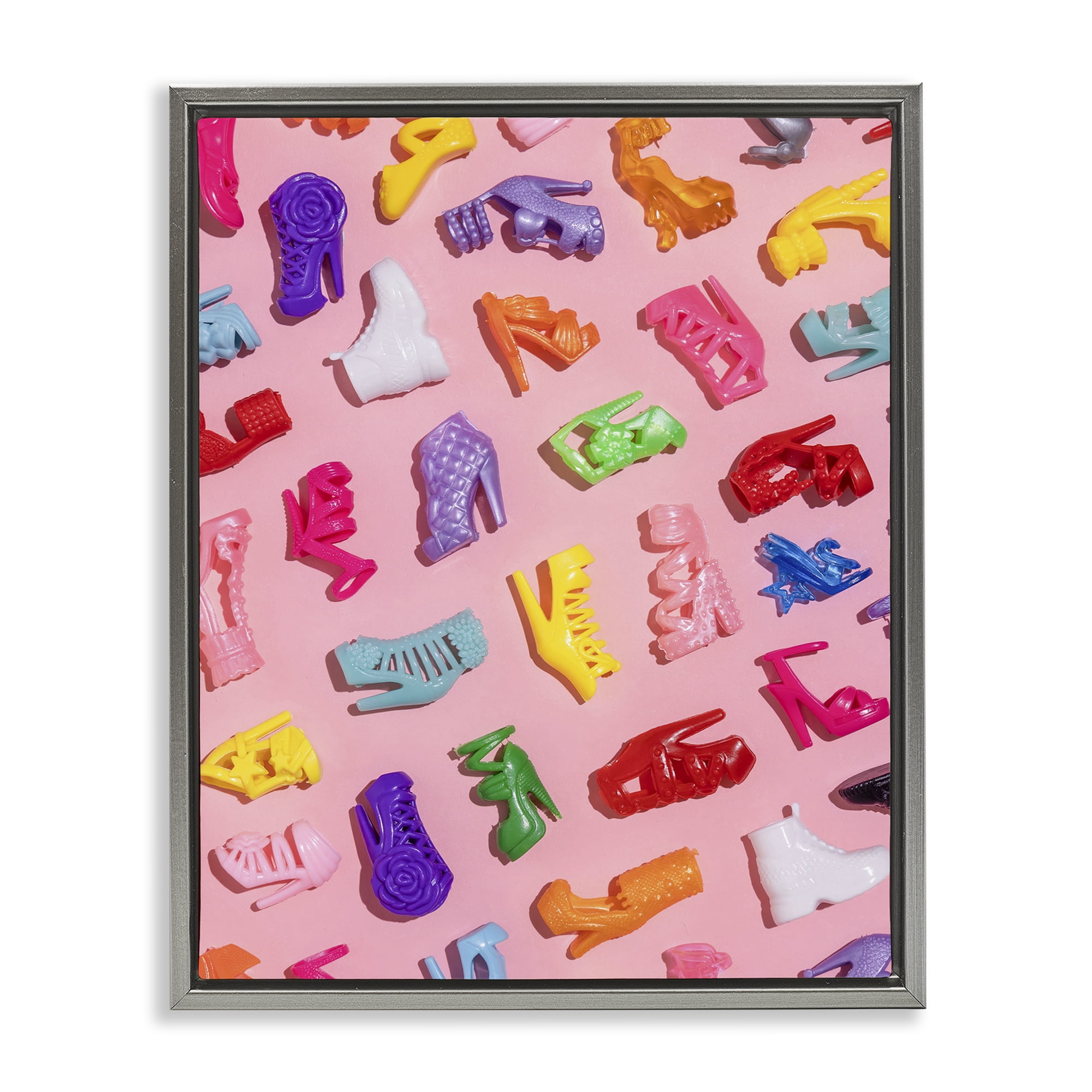 Stupell Industries Tiny Colorful Doll Shoes Gray Framed Floater Canvas Wall Art, design by LISH Creative