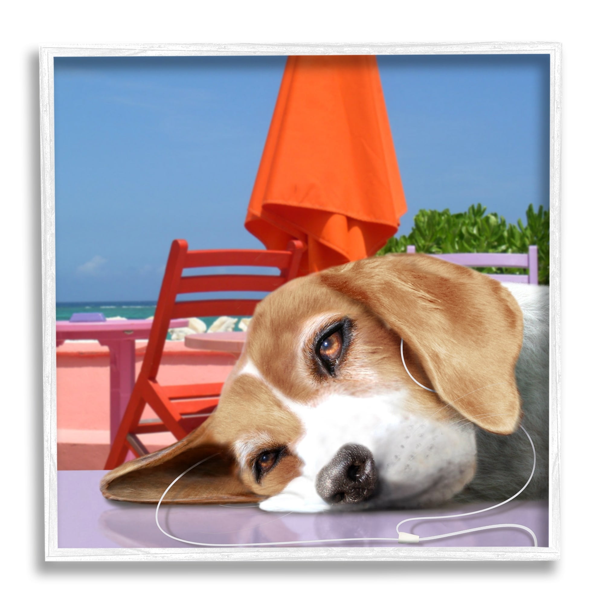 Stupell Industries Tired Dog Laying Music Headphones Summer Beach Graphic Art White Framed Art Print Wall Art, Design by Noah Bay