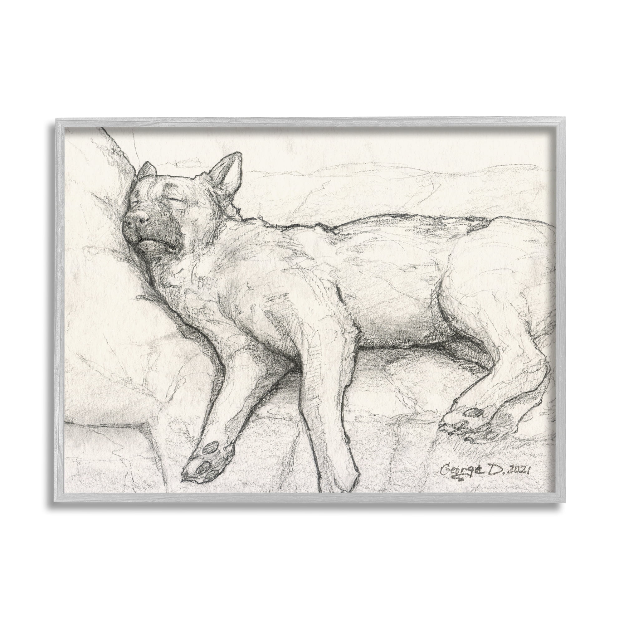 Stupell Industries Tired Dog Sleeping Intricate Graphite Pencil Sketch Drawing Print Gray Framed Art Print Wall Art, Design by George Dyachenko