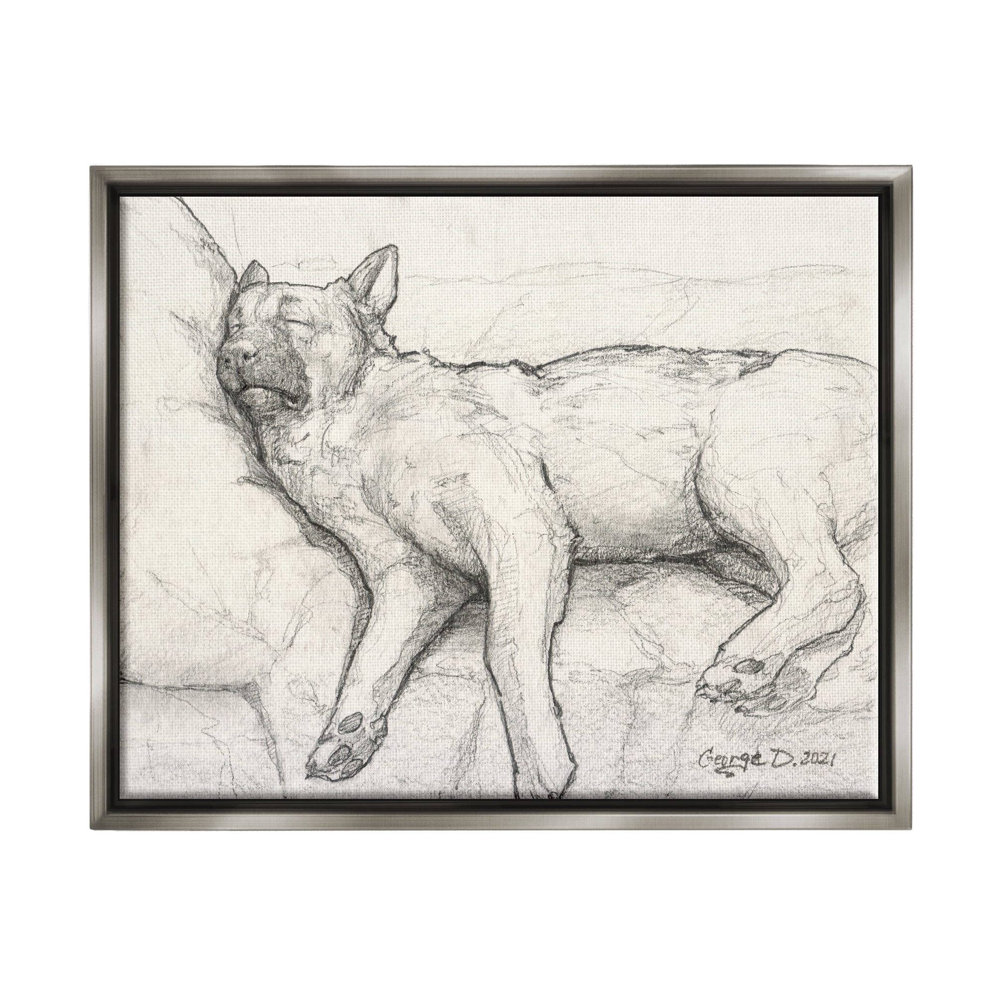 Stupell Industries Tired Dog Sleeping Intricate Graphite Pencil Sketch Drawing Print Luster Gray Floating Framed Canvas Print Wall Art, Design by George Dyachenko
