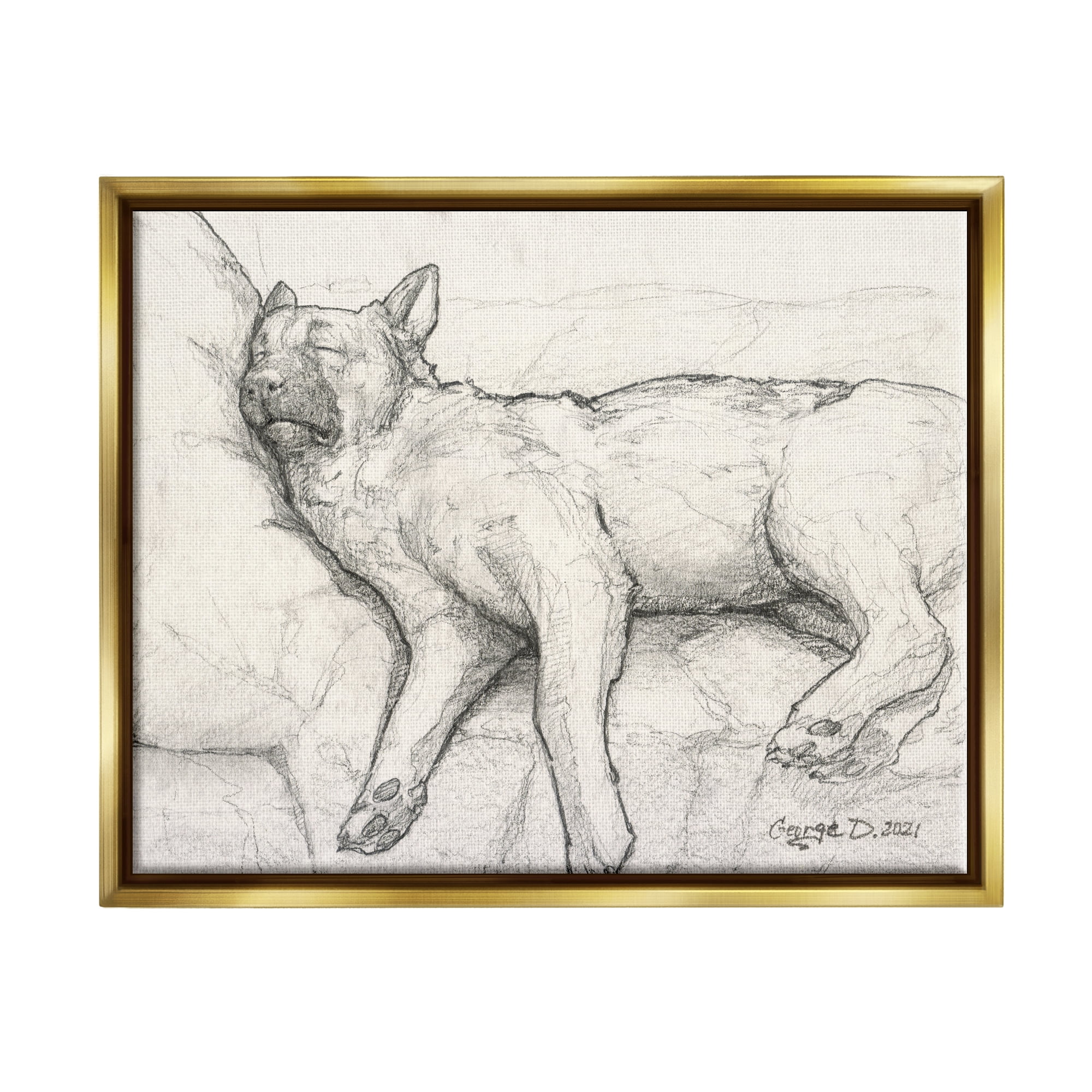 Stupell Industries Tired Dog Sleeping Intricate Graphite Pencil Sketch Drawing Print Metallic Gold Floating Framed Canvas Print Wall Art, Design by George Dyachenko