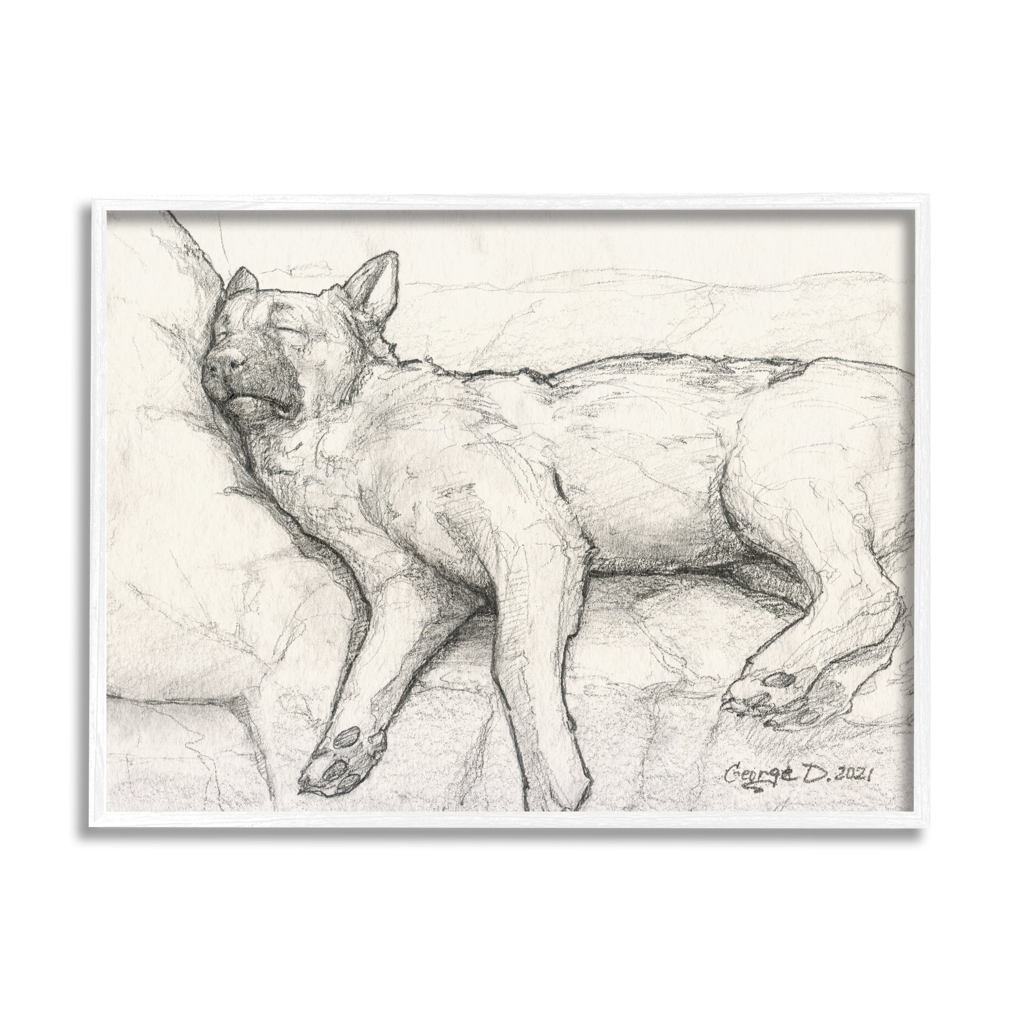 Stupell Industries Tired Dog Sleeping Intricate Graphite Pencil Sketch Drawing Print White Framed Art Print Wall Art, Design by George Dyachenko