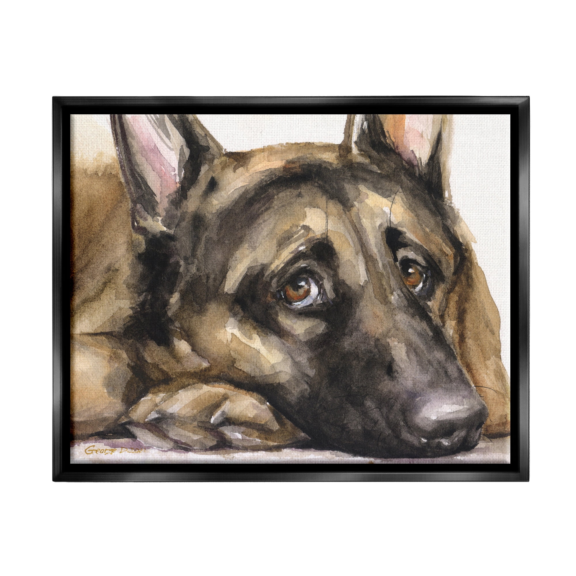 Stupell Industries Tired German Shepherd Dog Resting Head On Paw Painting Jet Black Floating Framed Canvas Print Wall Art, Design by George Dyachenko