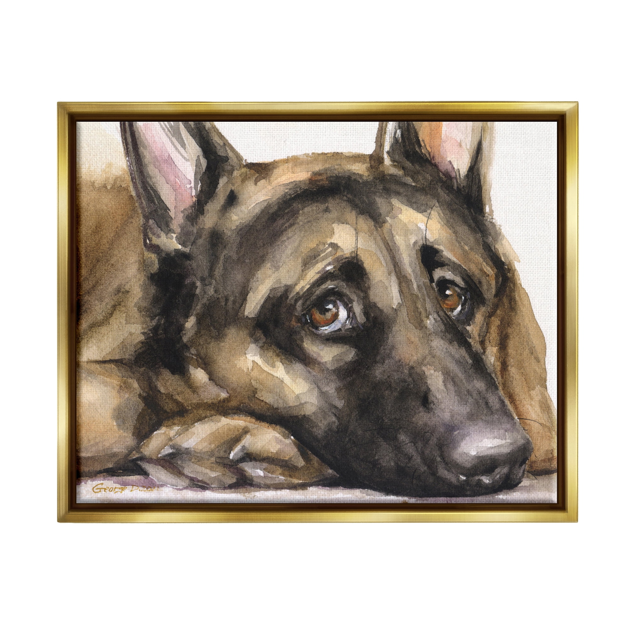 Stupell Industries Tired German Shepherd Dog Resting Head On Paw Painting Metallic Gold Floating Framed Canvas Print Wall Art, Design by George Dyachenko