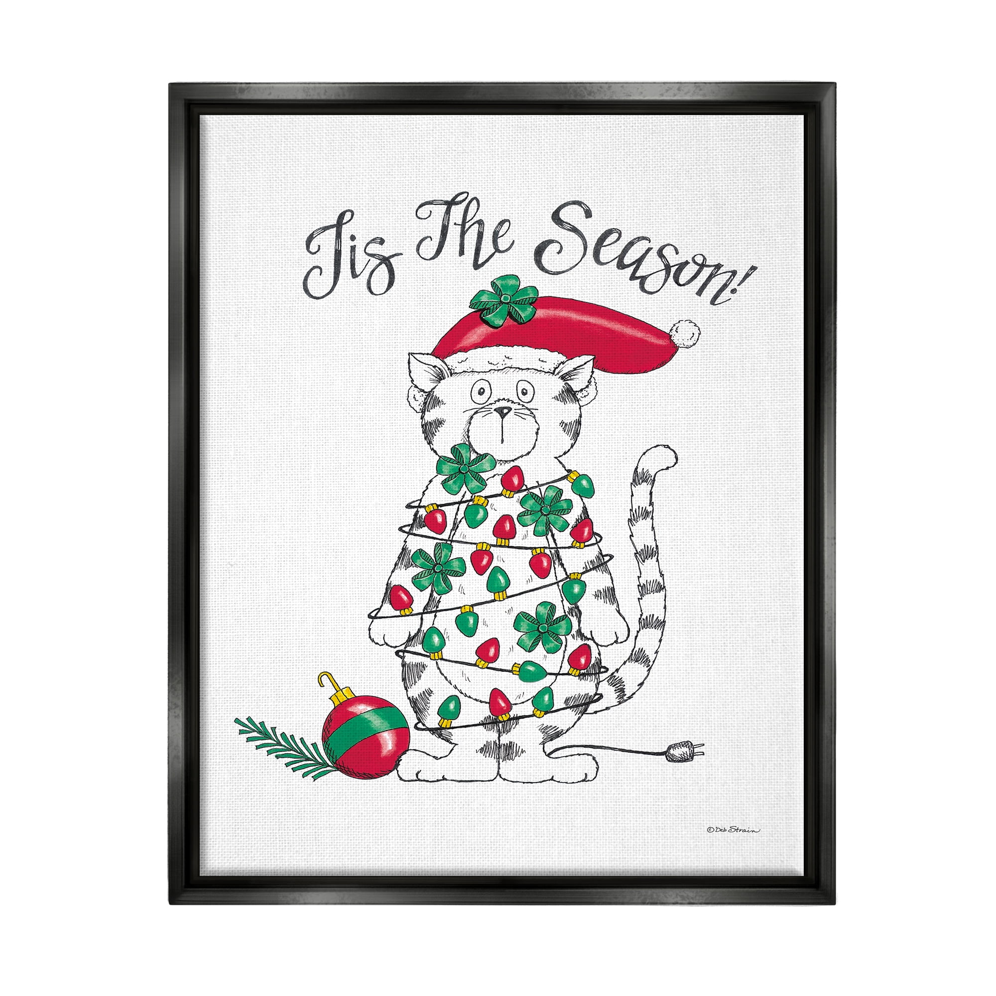 Stupell Industries Tis The Season Cat Holiday Painting Black Floater Framed Art Print Wall Art, 25 x 31