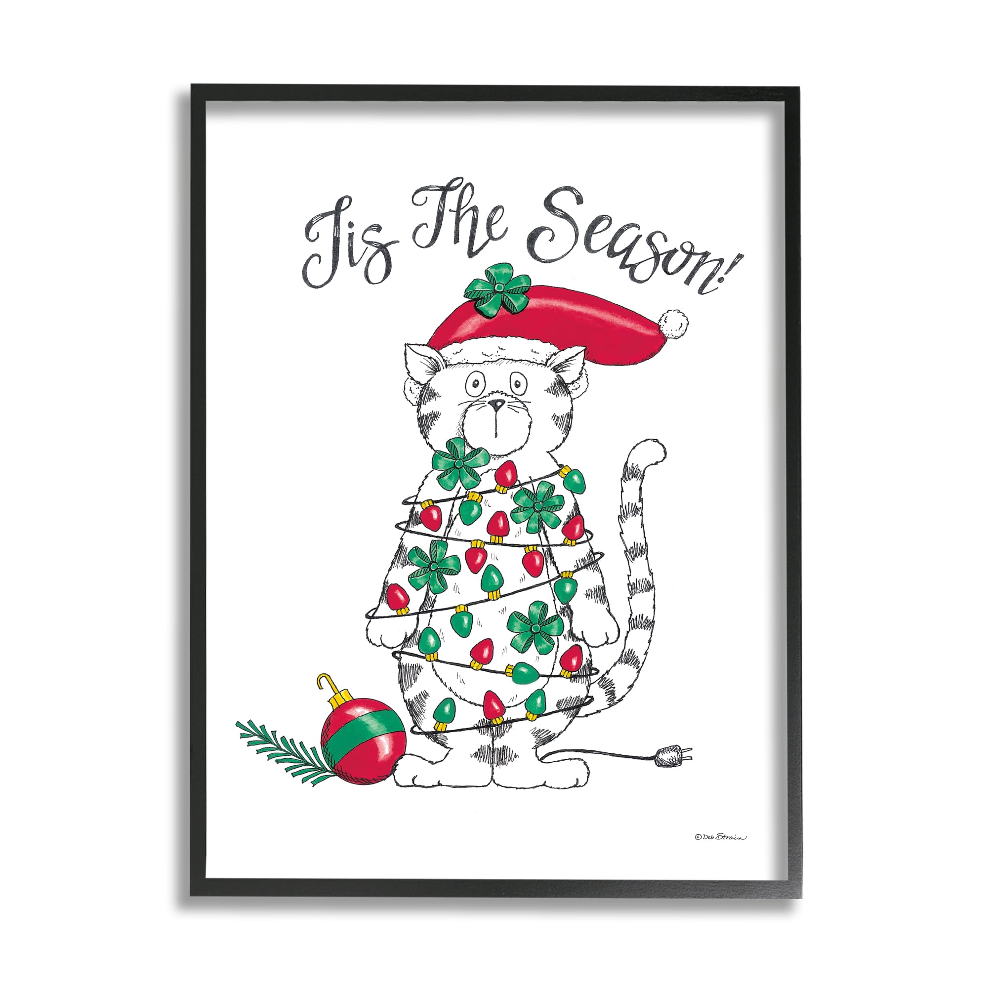 Stupell Industries Tis The Season Cat Holiday Painting Black Framed Art Print Wall Art, 16 x 20