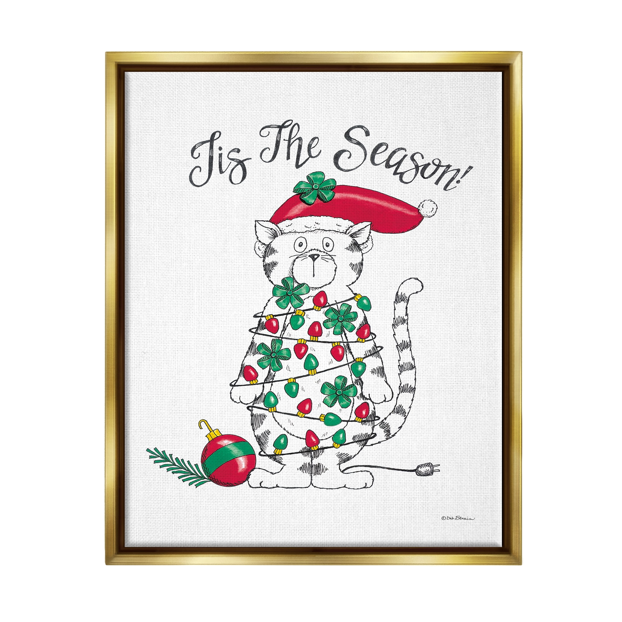 Stupell Industries Tis The Season Cat Holiday Painting Gold Floater Framed Art Print Wall Art, 25 x 31