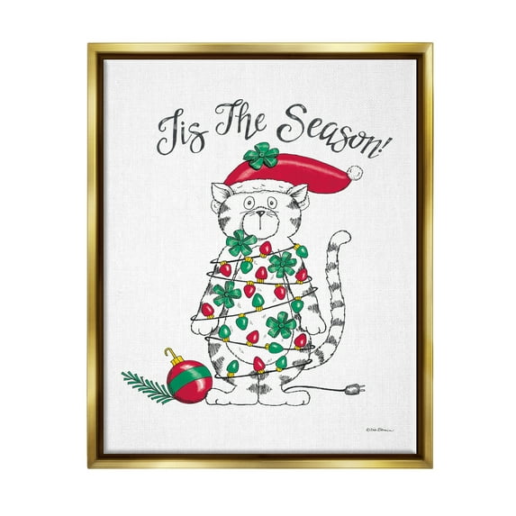 Stupell Industries Tis The Season Cat Holiday Painting Gold Floater Framed Art Print Wall Art, 25 x 31