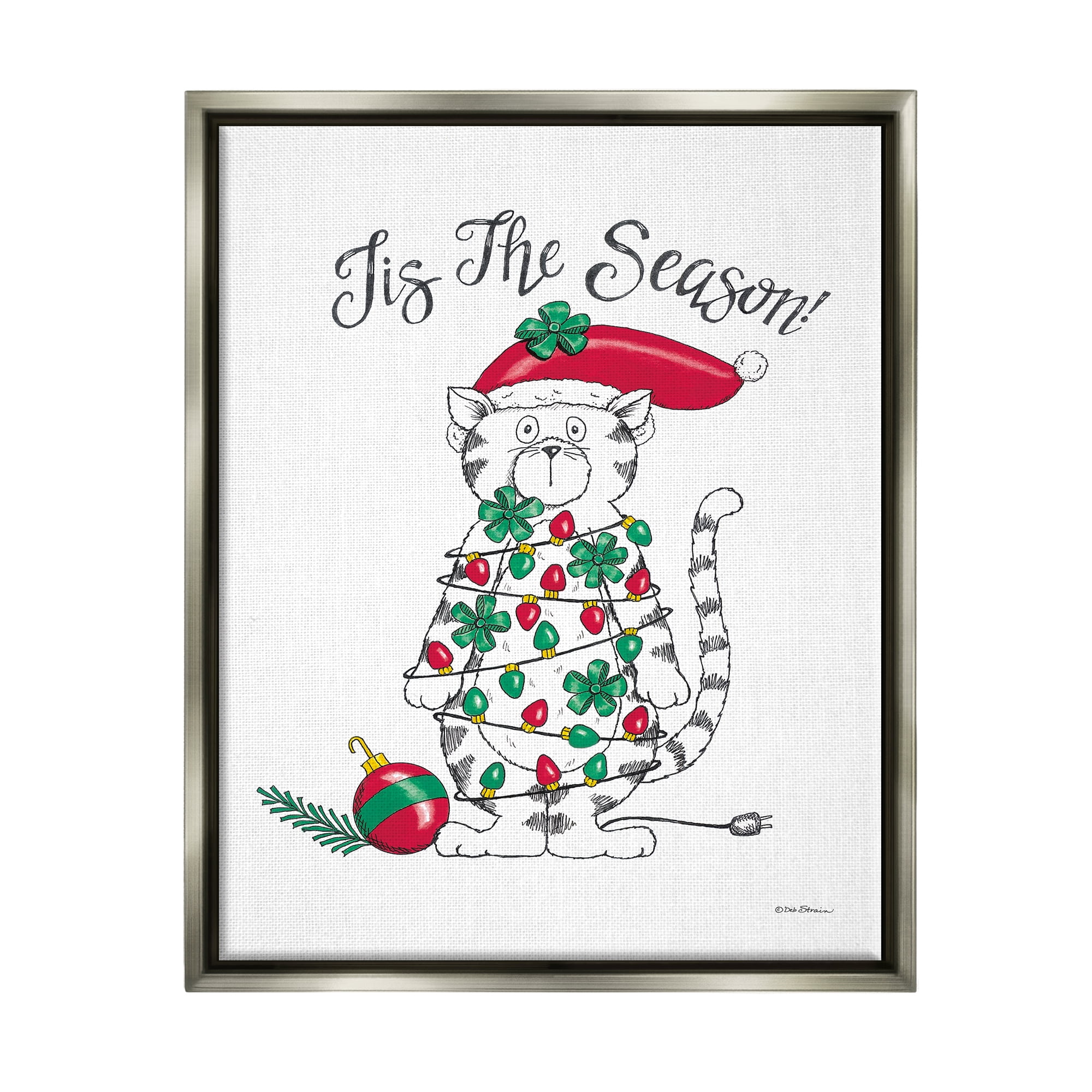 Stupell Industries Tis The Season Cat Holiday Painting Gray Floater Framed Art Print Wall Art, 17 x 21