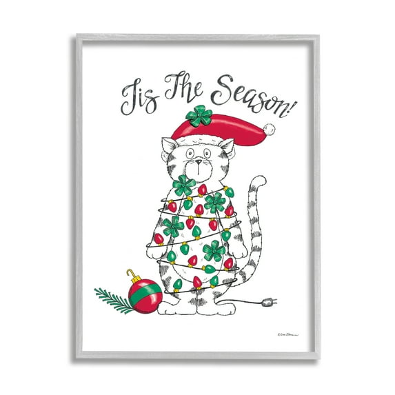 Stupell Industries Tis The Season Cat Holiday Painting Gray Framed Art Print Wall Art, 16 x 20