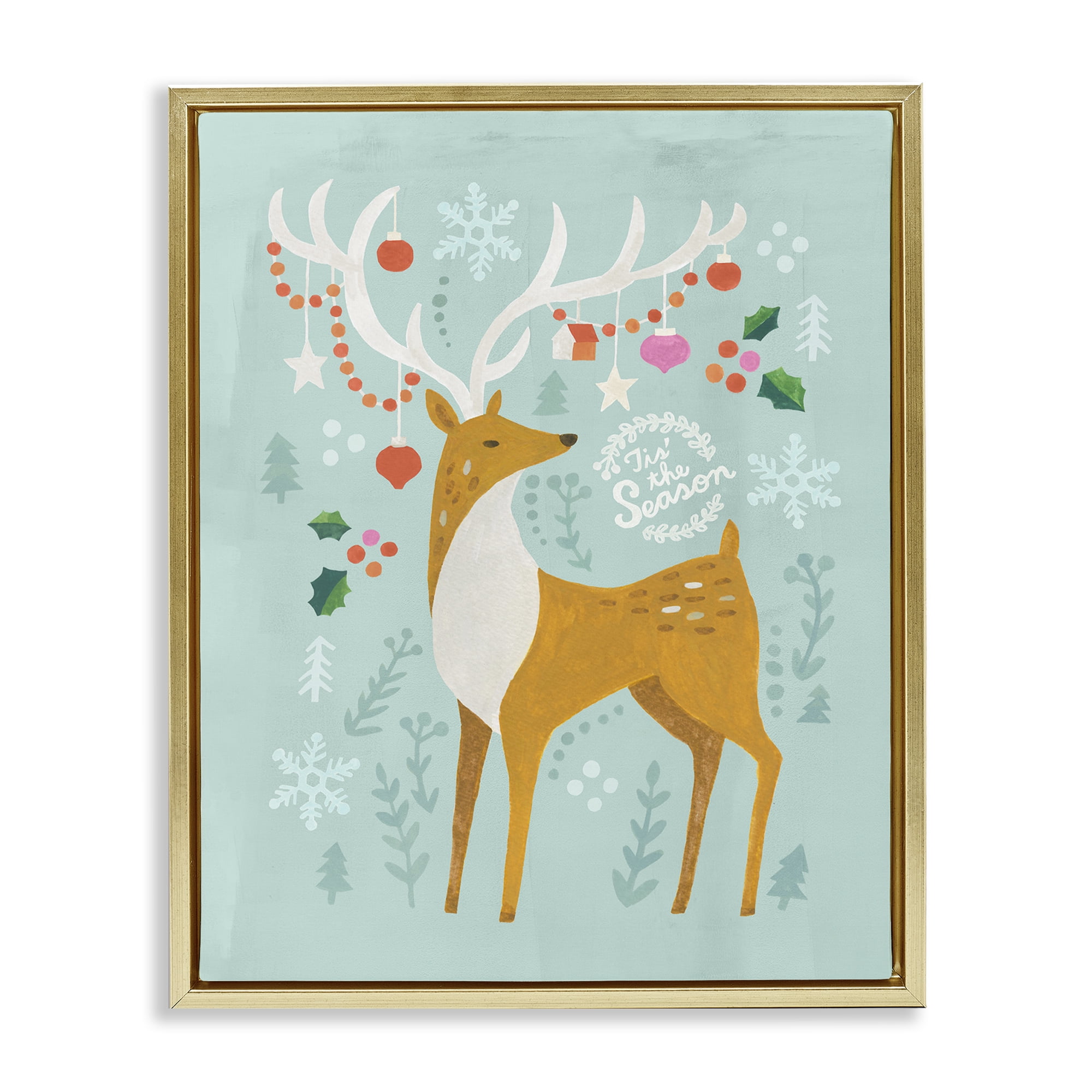 Stupell Industries Tis The Season Reindeer Holiday Painting Gold Floater Framed Canvas Art Prints Wall Art, 17 x 21