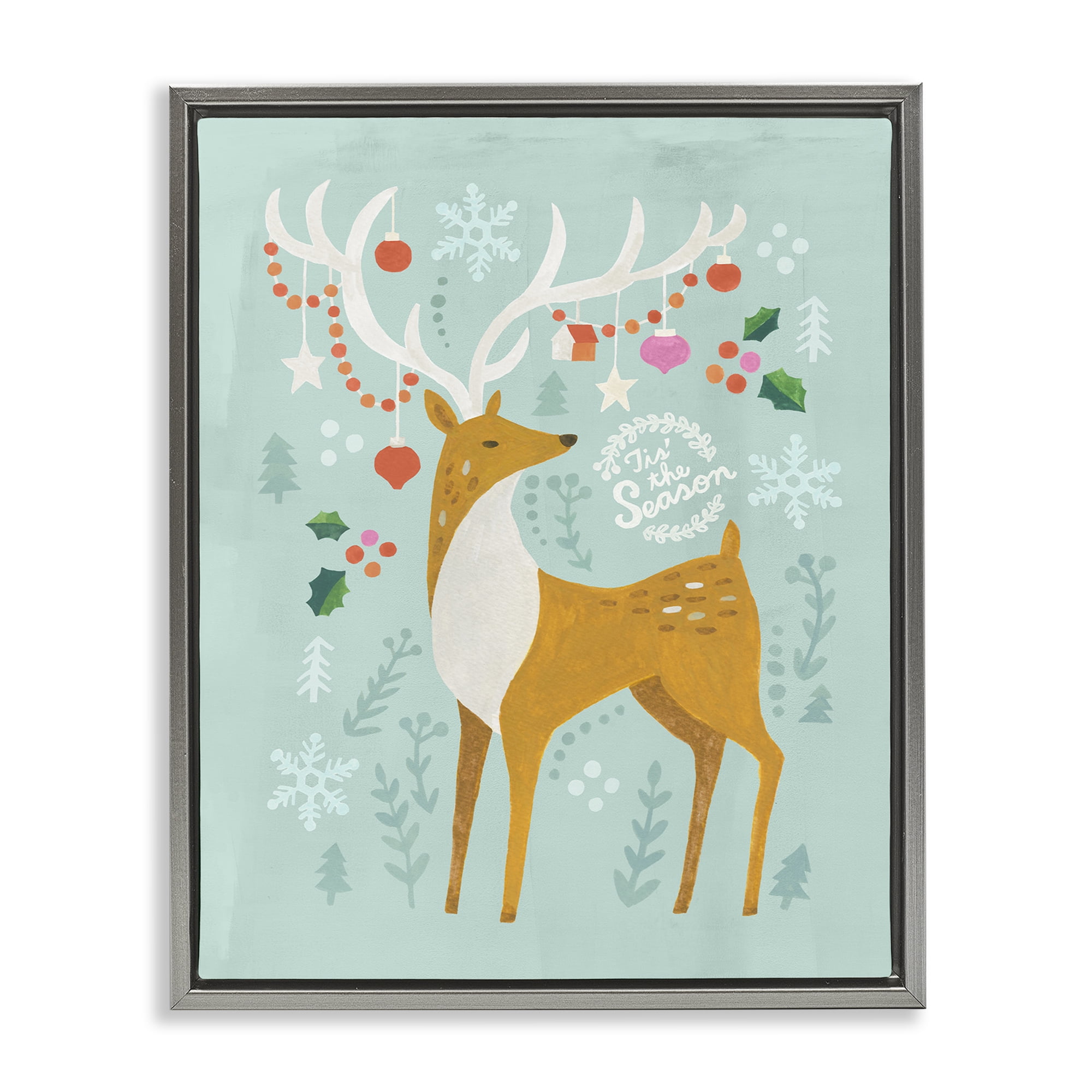 Stupell Industries Tis The Season Reindeer Holiday Painting Gray Floater Framed Canvas Art Prints Wall Art, 25 x 31