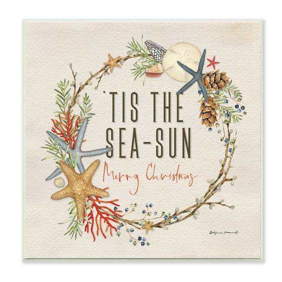 Stupell Industries Tis the Sea-Sun Nautical Christmas Wreath Nature Painting Unframed Art Print Wall Art, 12 x 12