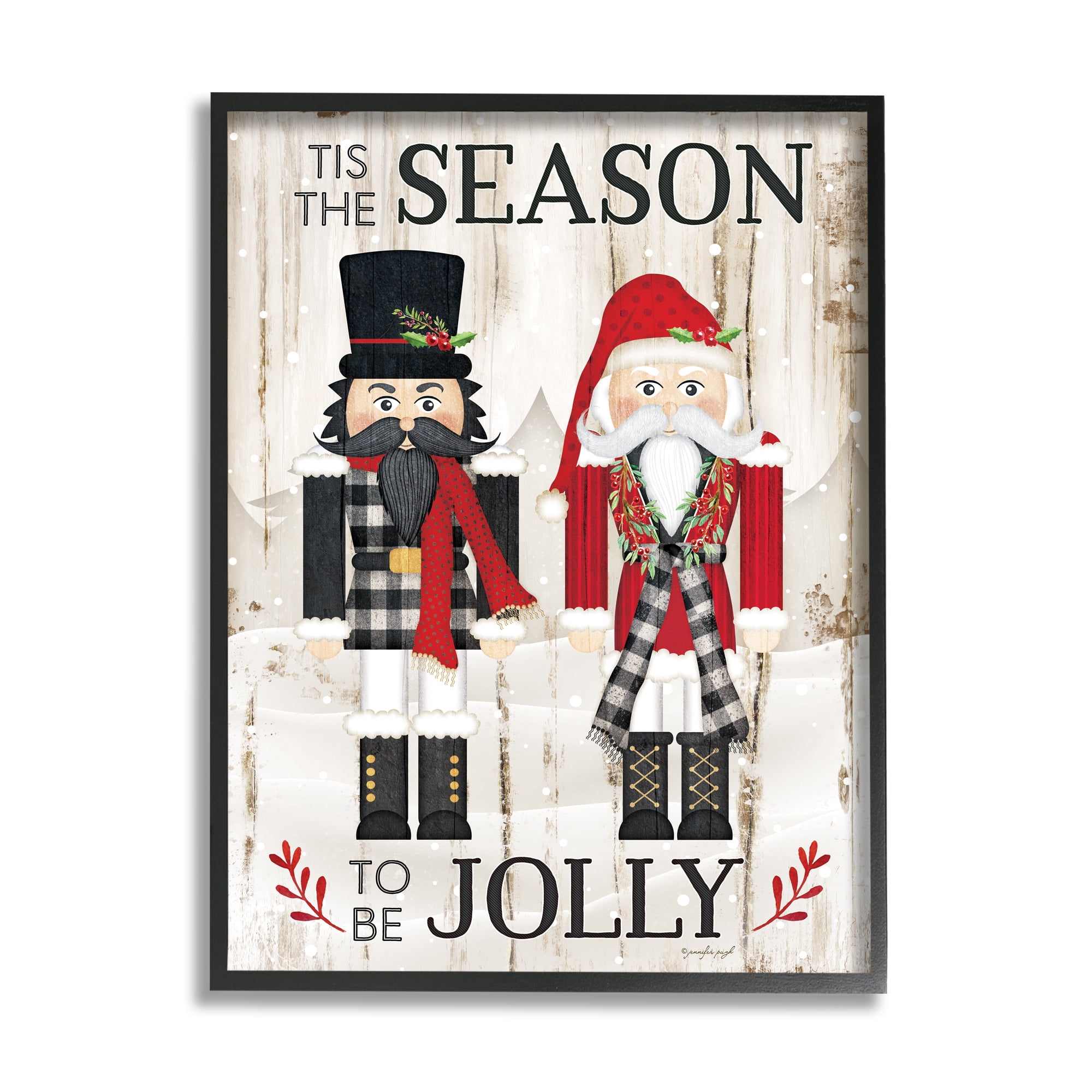 Stupell Industries Tis the Season Be Jolly Phrase Rustic Nutcrackers Inspirational Painting Black Framed Art Print Wall Art, 24 x 30