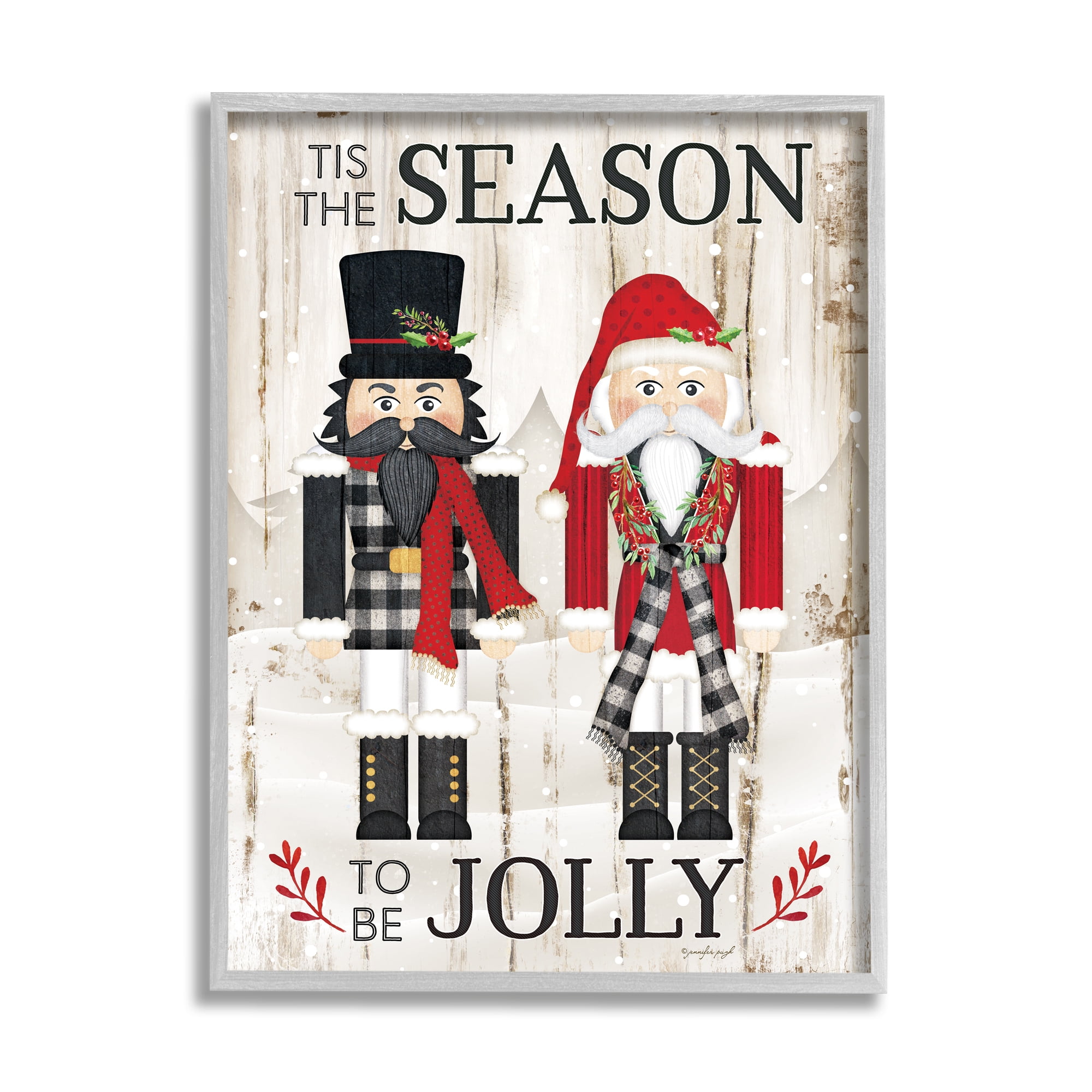 Stupell Industries Tis the Season Be Jolly Phrase Rustic Nutcrackers Inspirational Painting Gray Framed Art Print Wall Art, 11 x 14