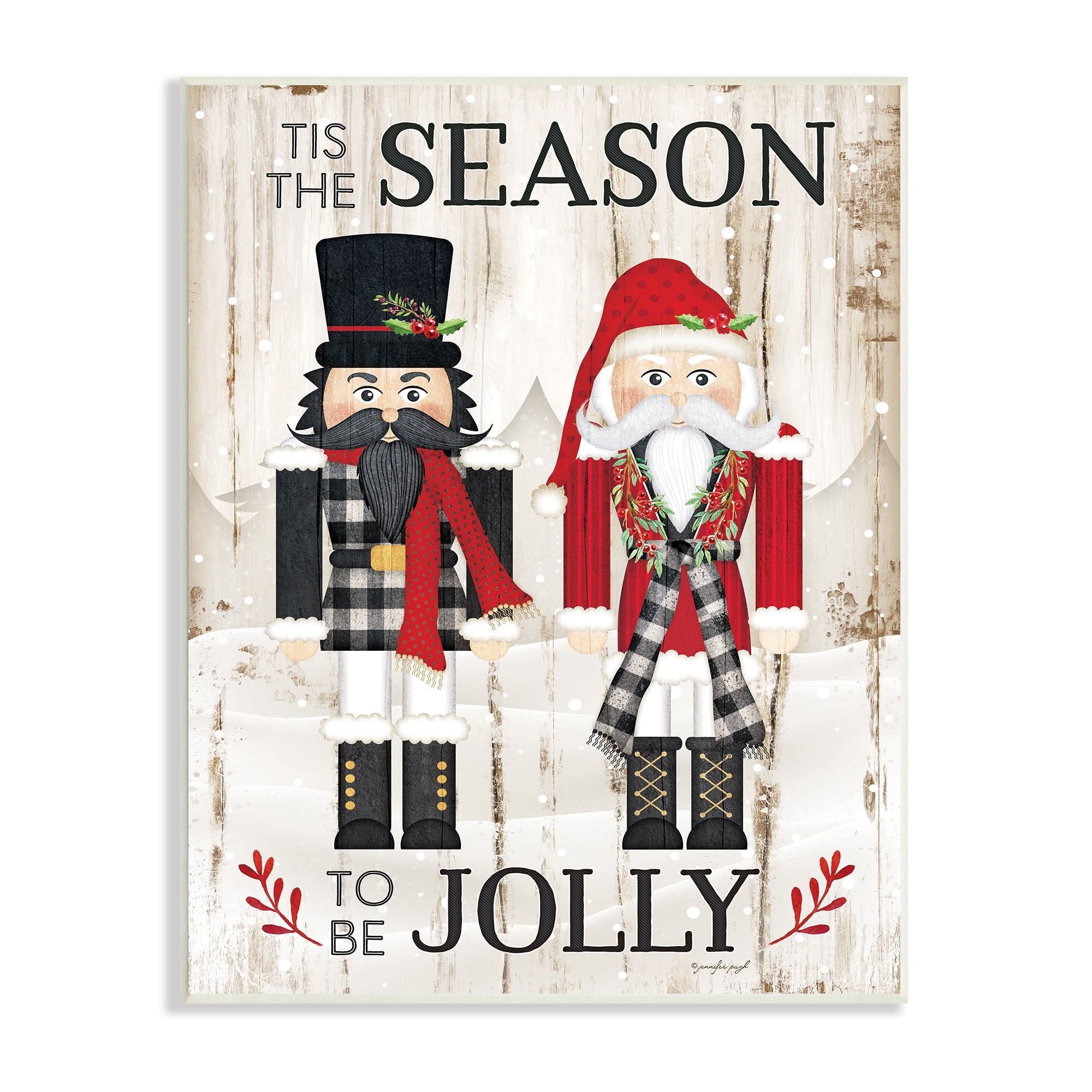 Stupell Industries Tis the Season Be Jolly Phrase Rustic Nutcrackers Inspirational Painting Unframed Art Print Wall Art, 13 x 19