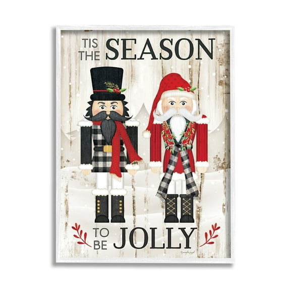 Stupell Industries Tis the Season Be Jolly Phrase Rustic Nutcrackers Inspirational Painting White Framed Art Print Wall Art, 11 x 14