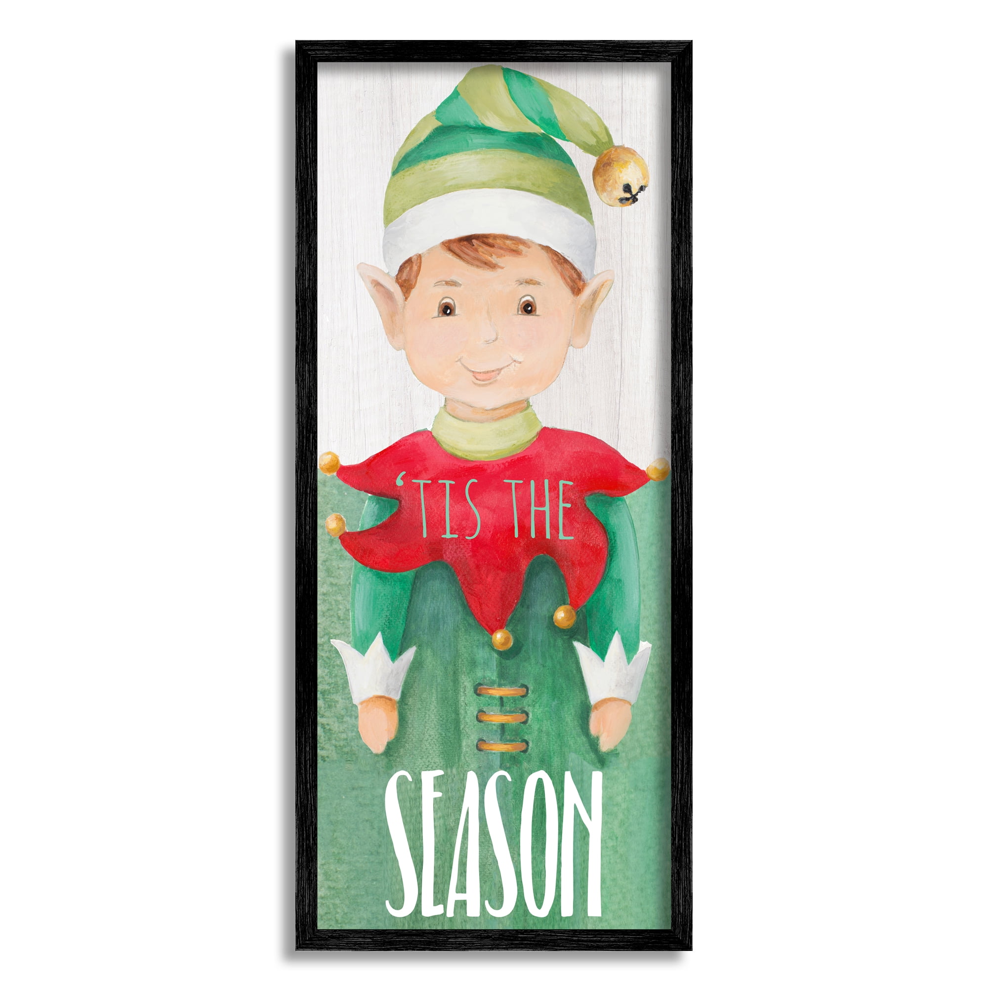 Stupell Industries Tis the Season Green Christmas Elf Bell Hat Fairy Tales & Fantasy Painting Black Framed Art Print Wall Art, 13 x 30