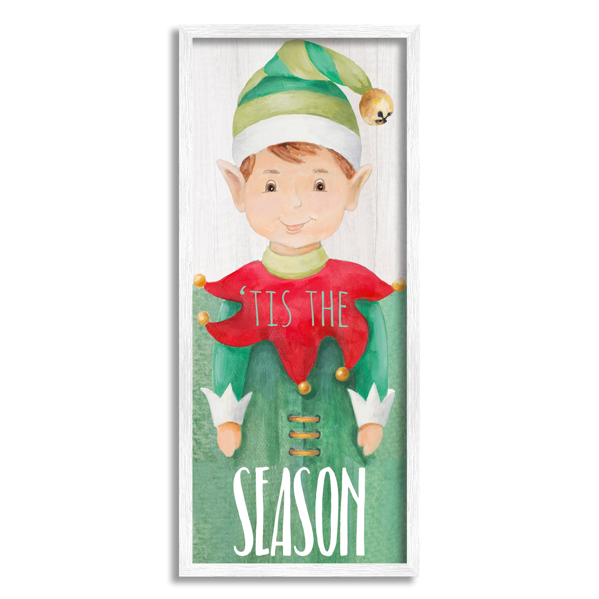 Stupell Industries Tis the Season Green Christmas Elf Bell Hat Fairy Tales & Fantasy Painting White Framed Art Print Wall Art, 13 x 30