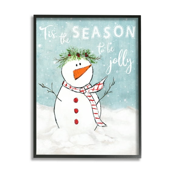 Stupell Industries Tis the Season Snowman Holiday Painting Black Framed Art Print Wall Art, 16 x 20