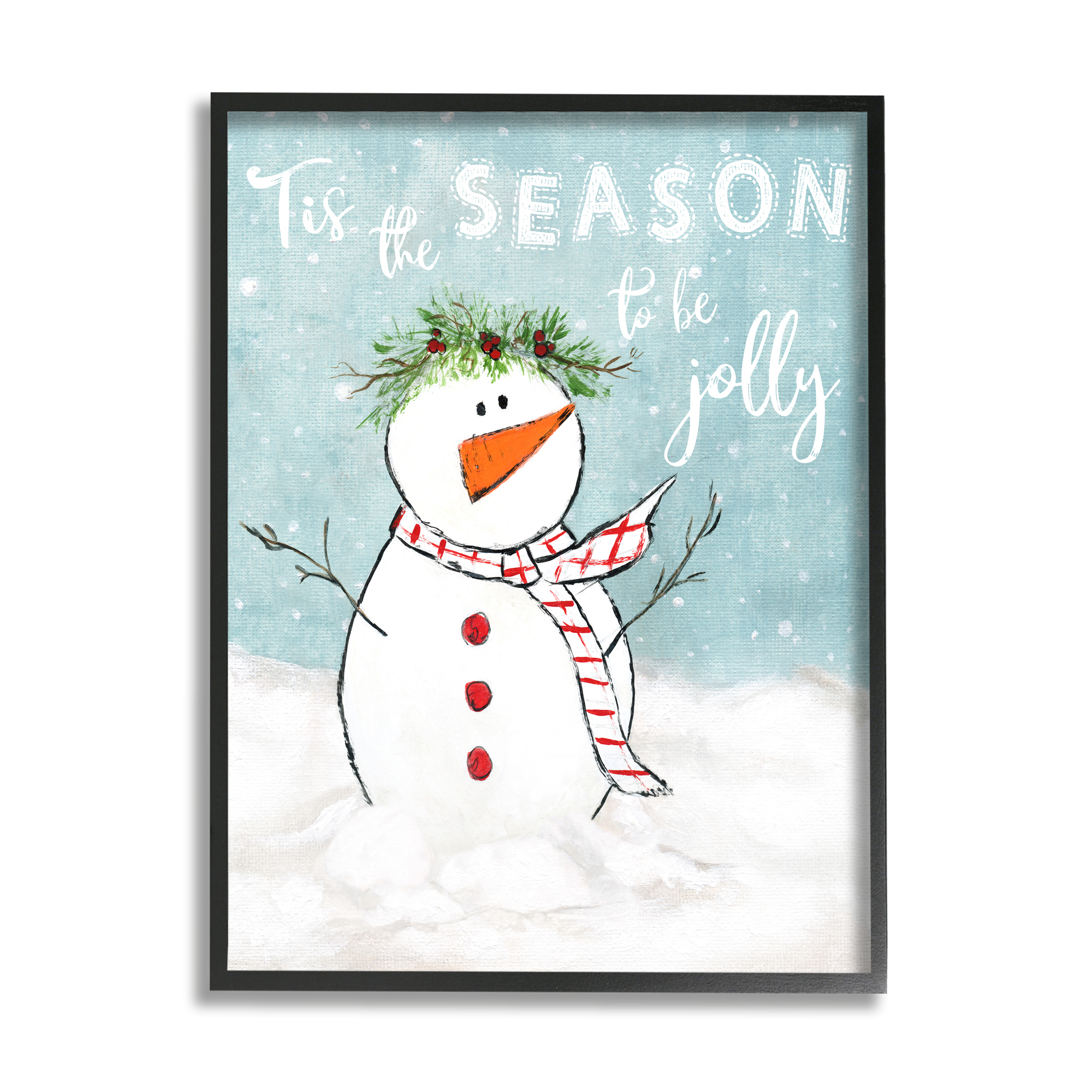 Stupell Industries Tis the Season Snowman Holiday Painting Black Framed Art Print Wall Art, 24 x 30