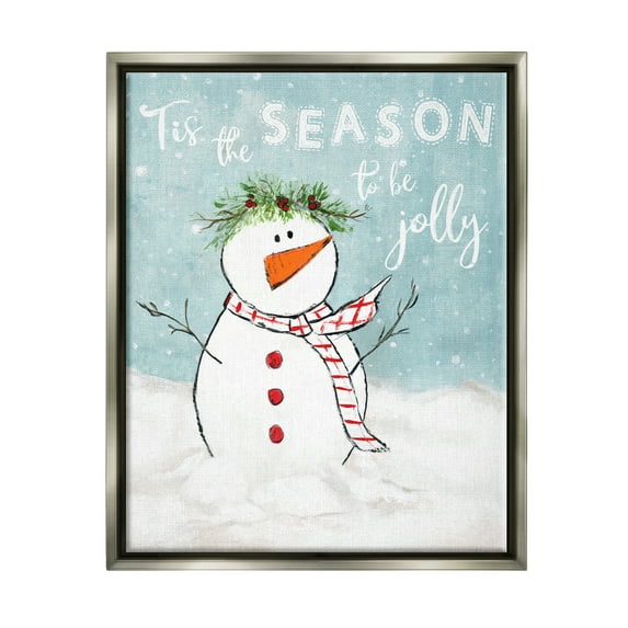 Stupell Industries Tis the Season Snowman Holiday Painting Gray Floater Framed Canvas Art Print Wall Art, 25 x 31