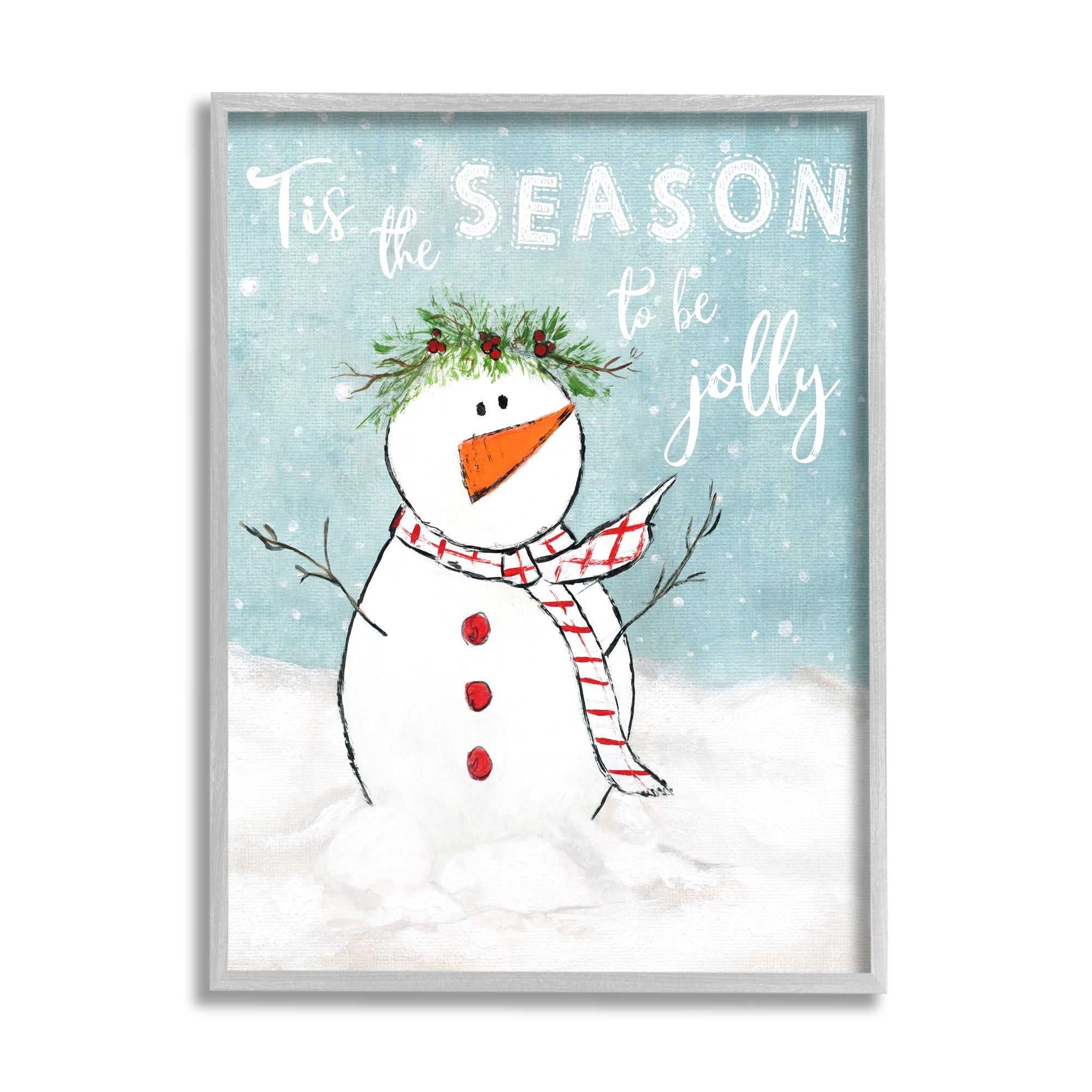 Stupell Industries Tis the Season Snowman Holiday Painting Gray Framed Art Print Wall Art, 16 x 20