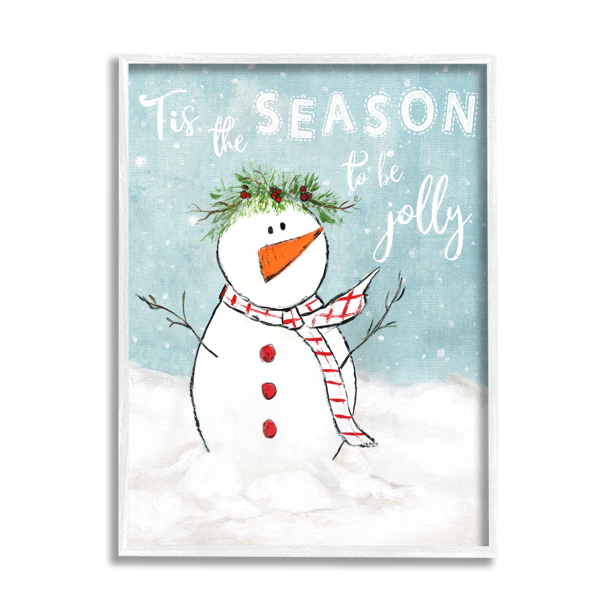 Stupell Industries Tis the Season Snowman Holiday Painting White Framed Art Print Wall Art, 24 x 30