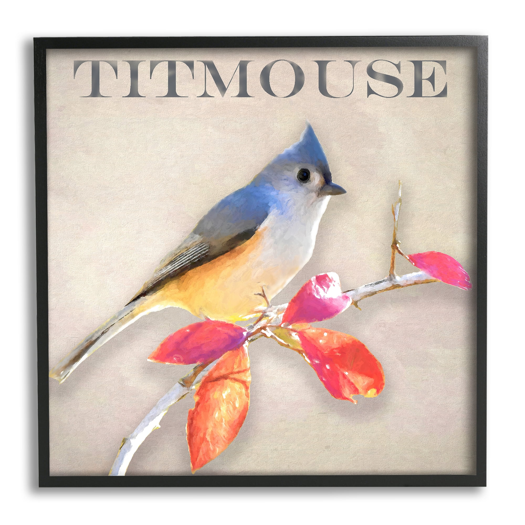 Stupell Industries Titmouse Bird Perched Vivid Plant Leaves Typography Graphic Art Black Framed Art Print Wall Art, Design by Alpenglow Workshop