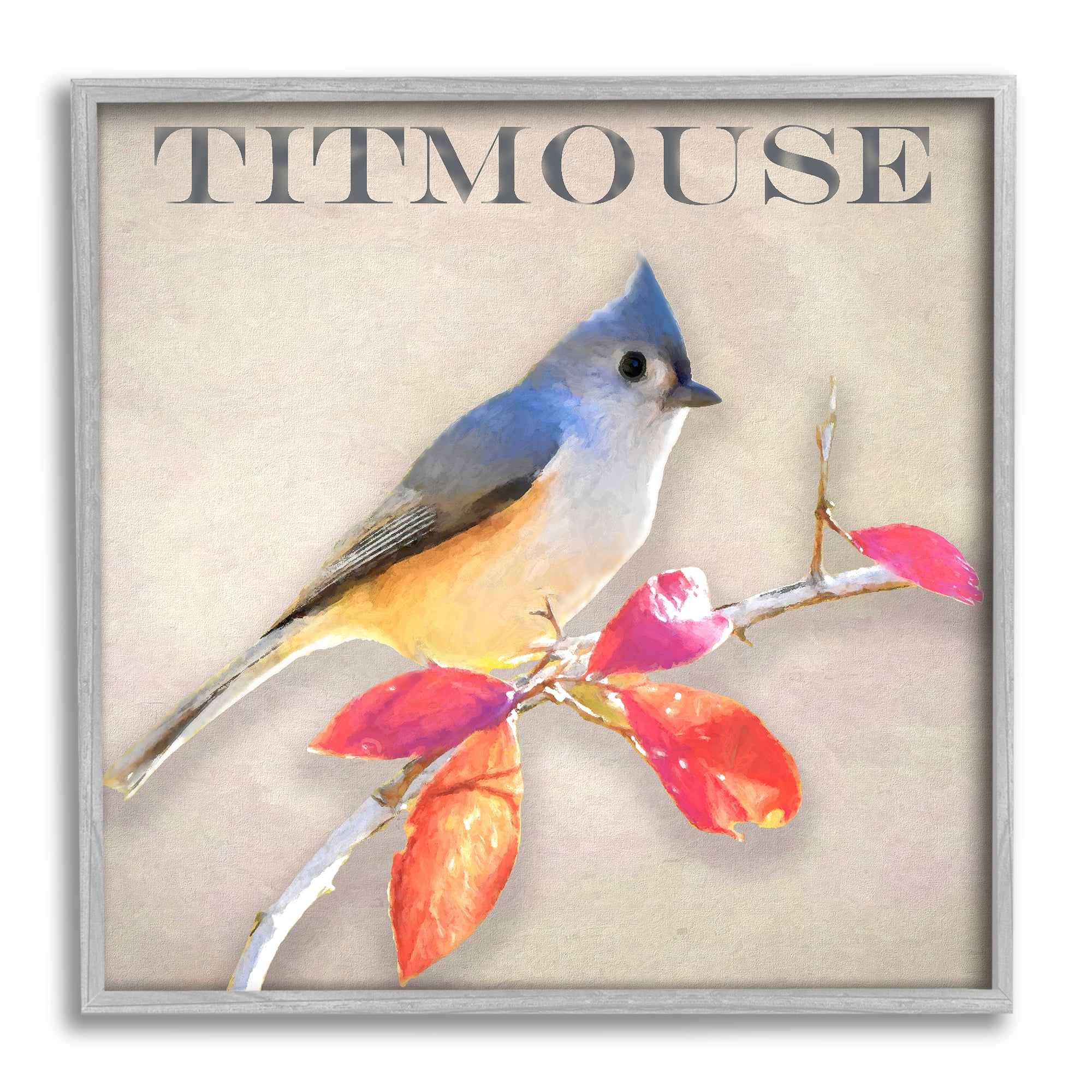 Stupell Industries Titmouse Bird Perched Vivid Plant Leaves Typography Graphic Art Gray Framed Art Print Wall Art, Design by Alpenglow Workshop