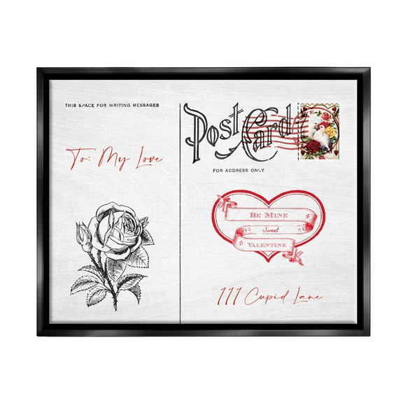 Stupell Industries To My Love Valentines Postcard Graphic Art Jet Black Floating Framed Canvas Print Wall Art, Design by Lil' Rue
