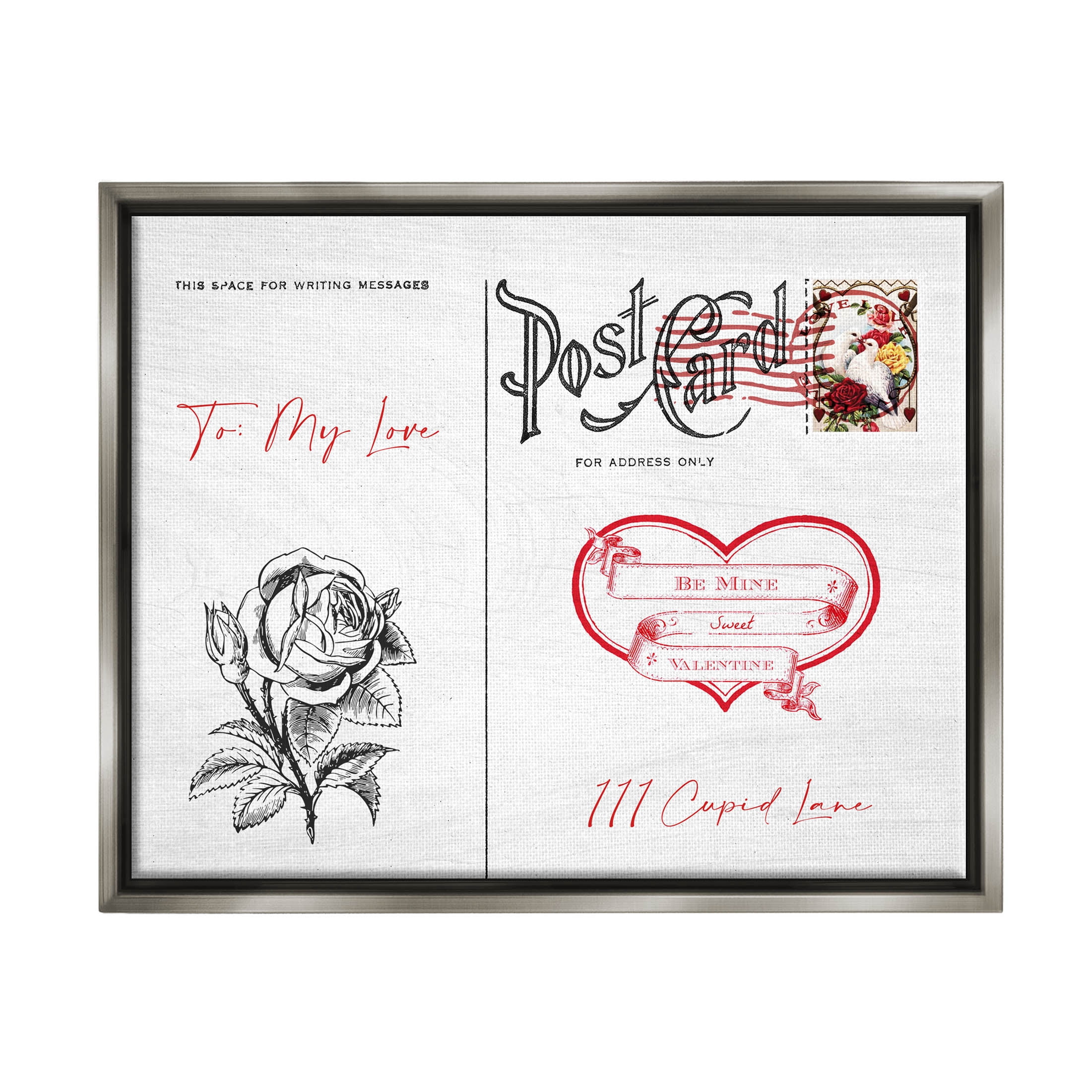 Stupell Industries To My Love Valentines Postcard Graphic Art Luster Gray Floating Framed Canvas Print Wall Art, Design by Lil' Rue
