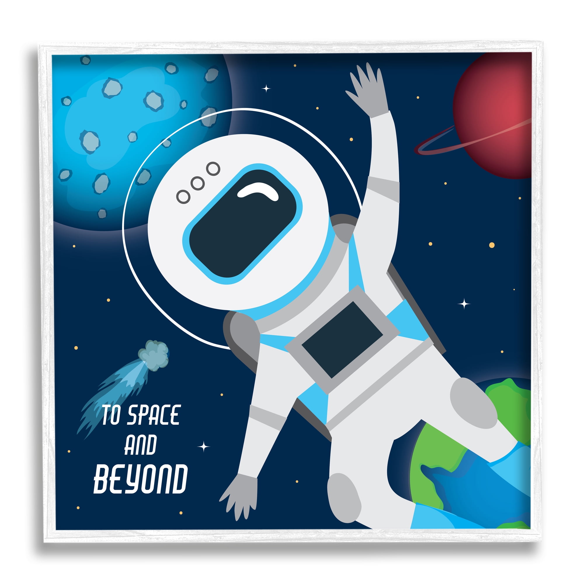 Stupell Industries To Space and Beyond Blue Comet Astronaut Wave Modern Painting White Framed Art Print Wall Art, 24 x 24, Design by AE Design